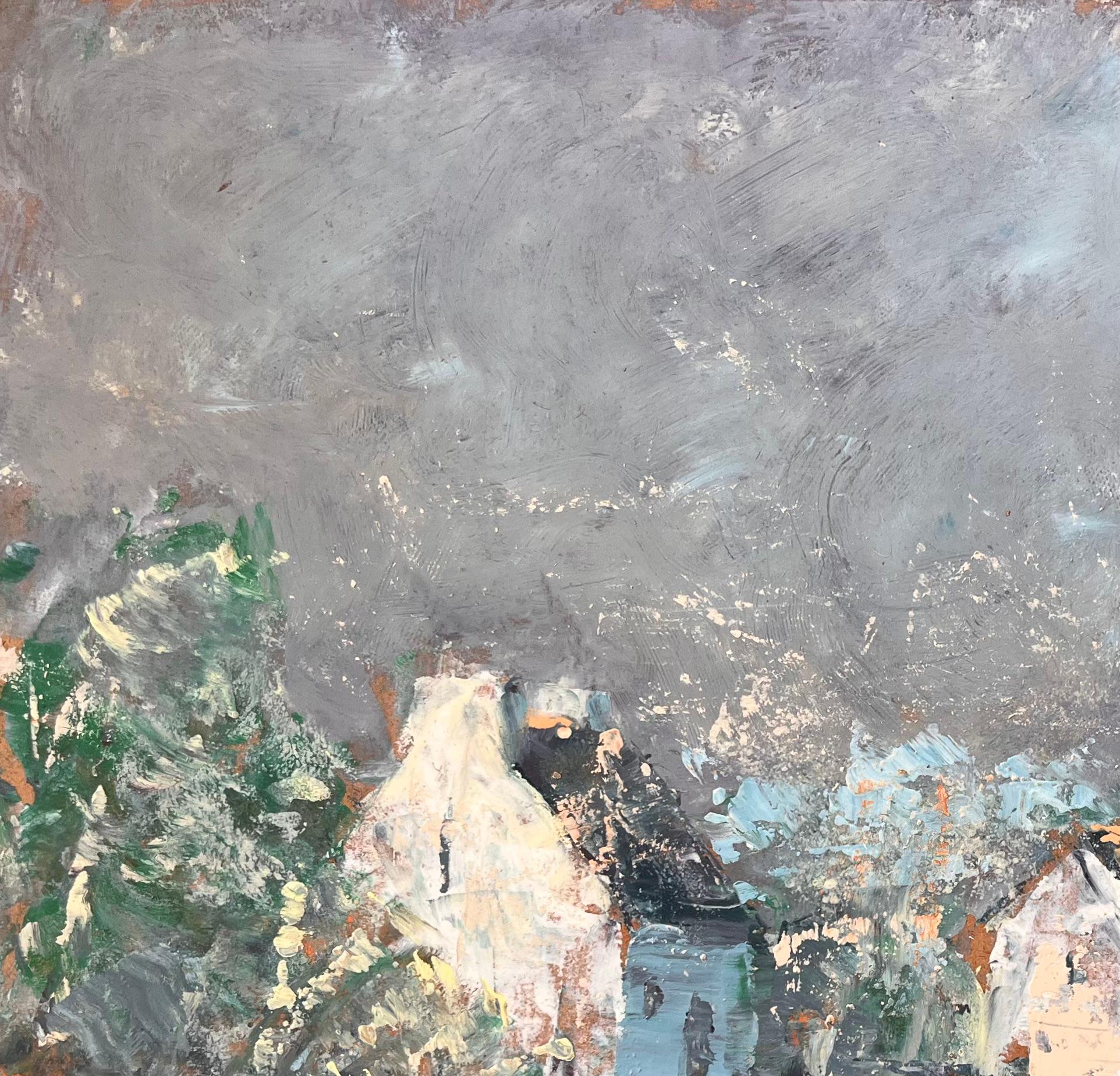 Französischer Expressionist Öl von Dorf mit Church's unter stürmischem Himmel im Angebot 1
