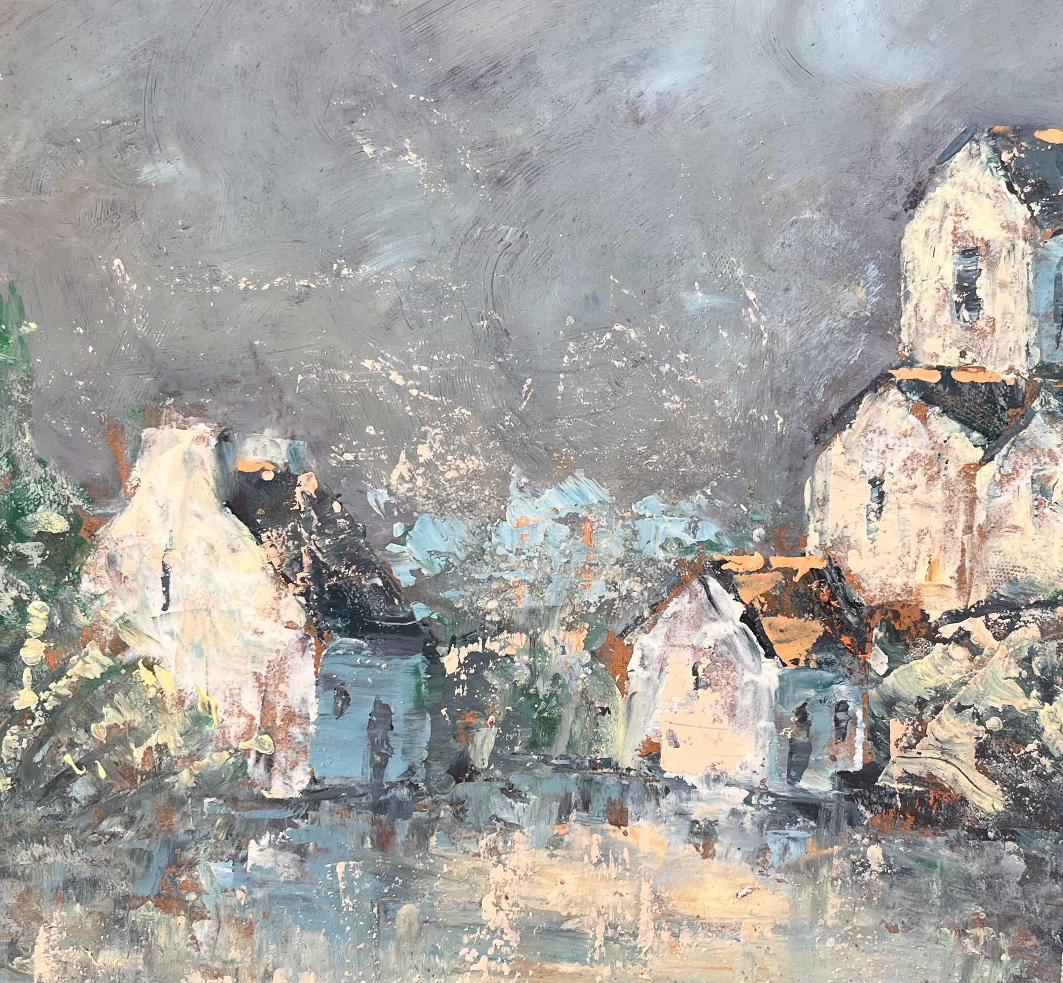 Französischer Expressionist Öl von Dorf mit Church's unter stürmischem Himmel im Angebot 2