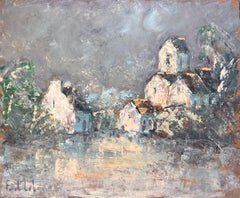 French Expressionist Oil of Village with Church Under Stormy Sky