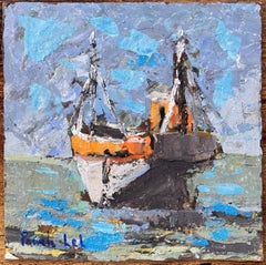 Pintura expresionista francesa de Barcos amarrados en la Bretaña de Erquy por Fanch Lel