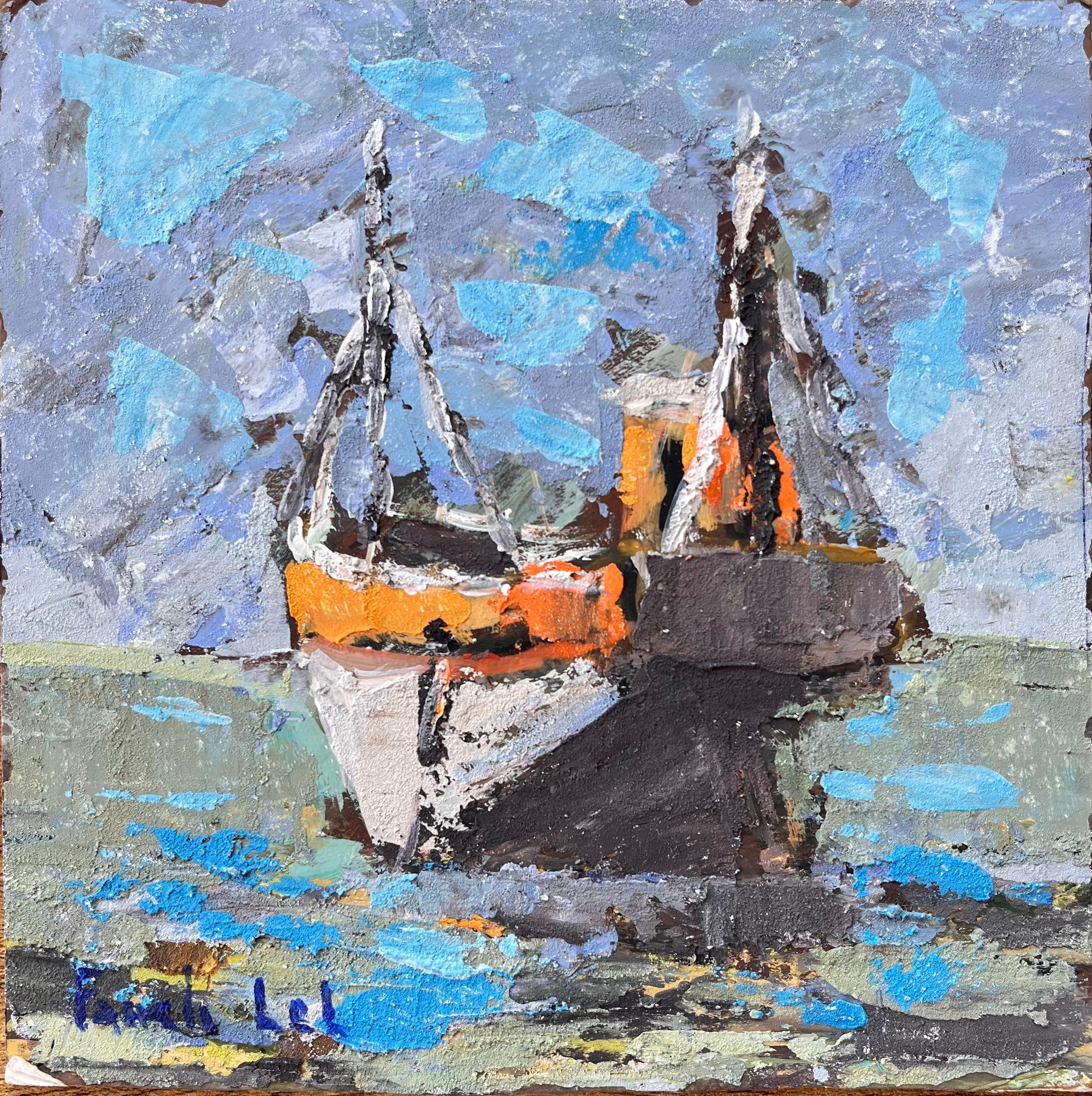 Französisches expressionistisches Gemälde von Fanch Lel, Moored Boats in Erquy, Bretagne, Französisch