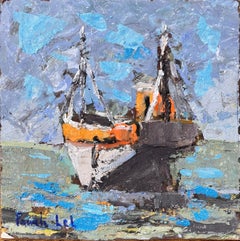 French Expressionist Painting of Moored Boats in Erquy Brittany by Fanch Lel
