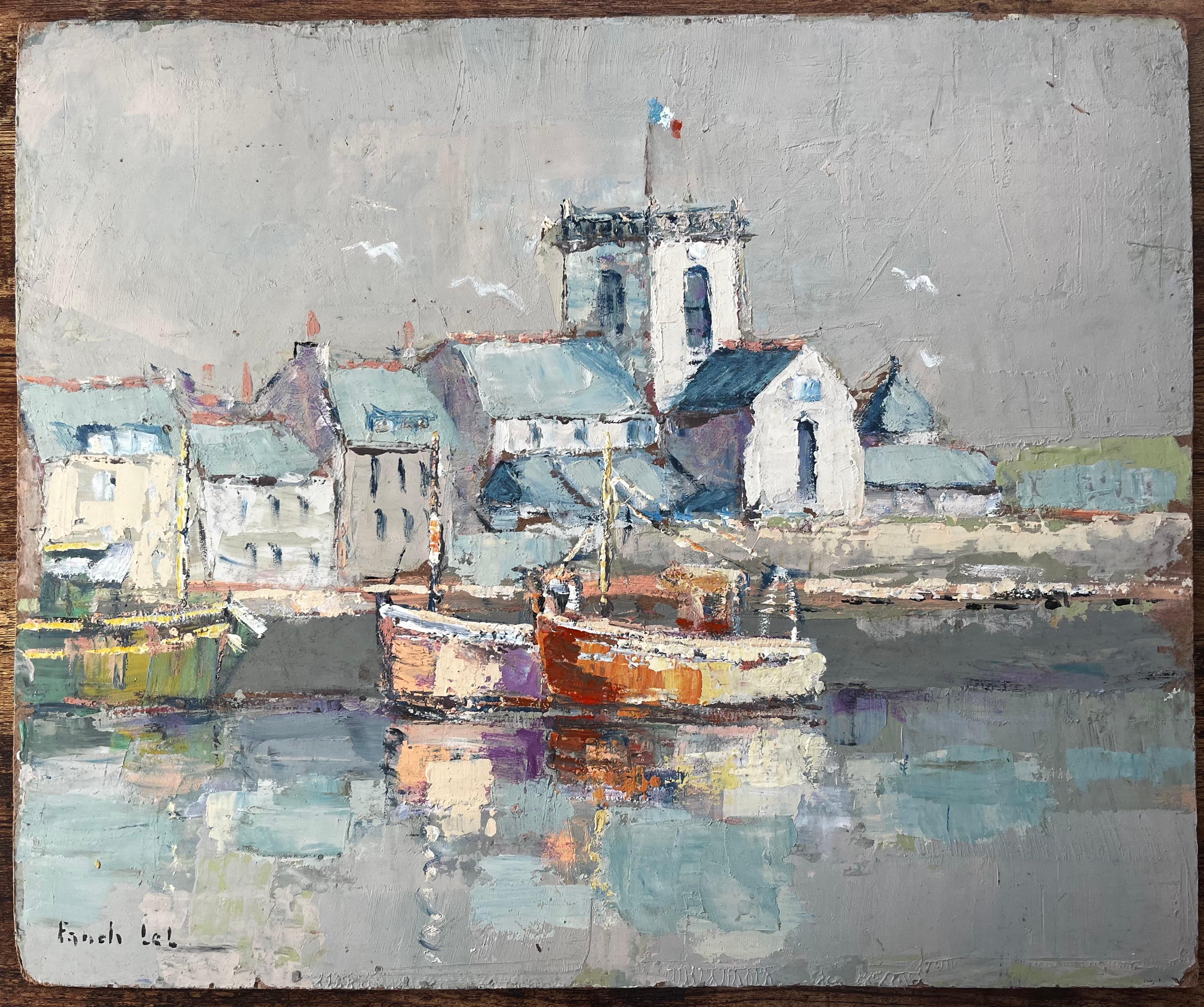 French Fishing Boats Harbour Scene With Church and Reflections Oil Painting - Gray Landscape Painting by Fanch Lel