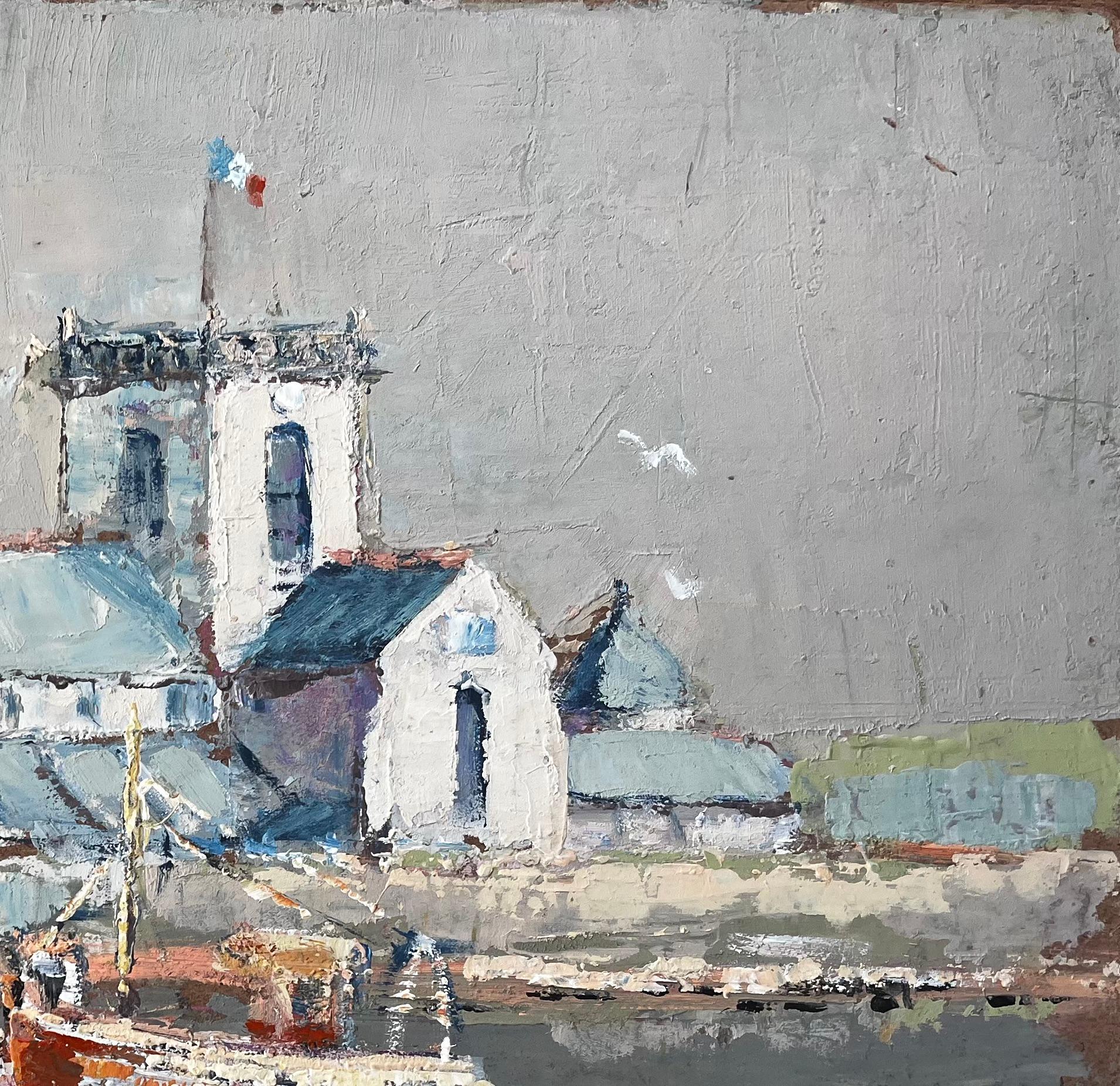 Title: French Fishing Boats Harbour Scene With Church and Reflections Oil Painting
by Fanch Lel
Signed: Bottom left corner
Size: 15 x 18.25 inches (height x width)
Oil painting on board, unframed
Condition: Good overall condition. Minor surface wear