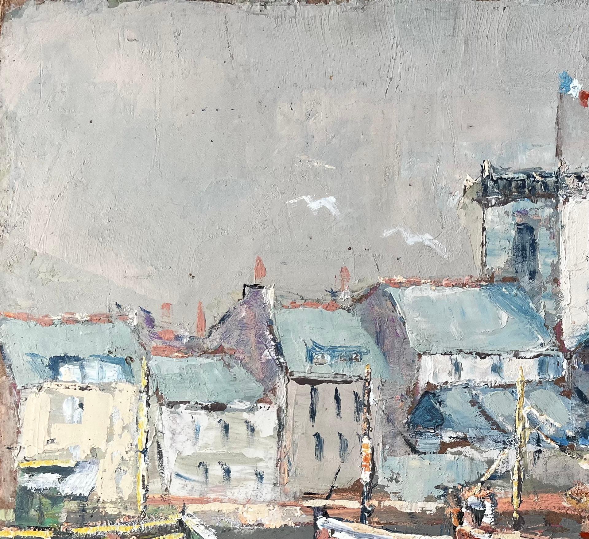 French Fishing Boats Harbour Scene With Church and Reflections Oil Painting For Sale 1