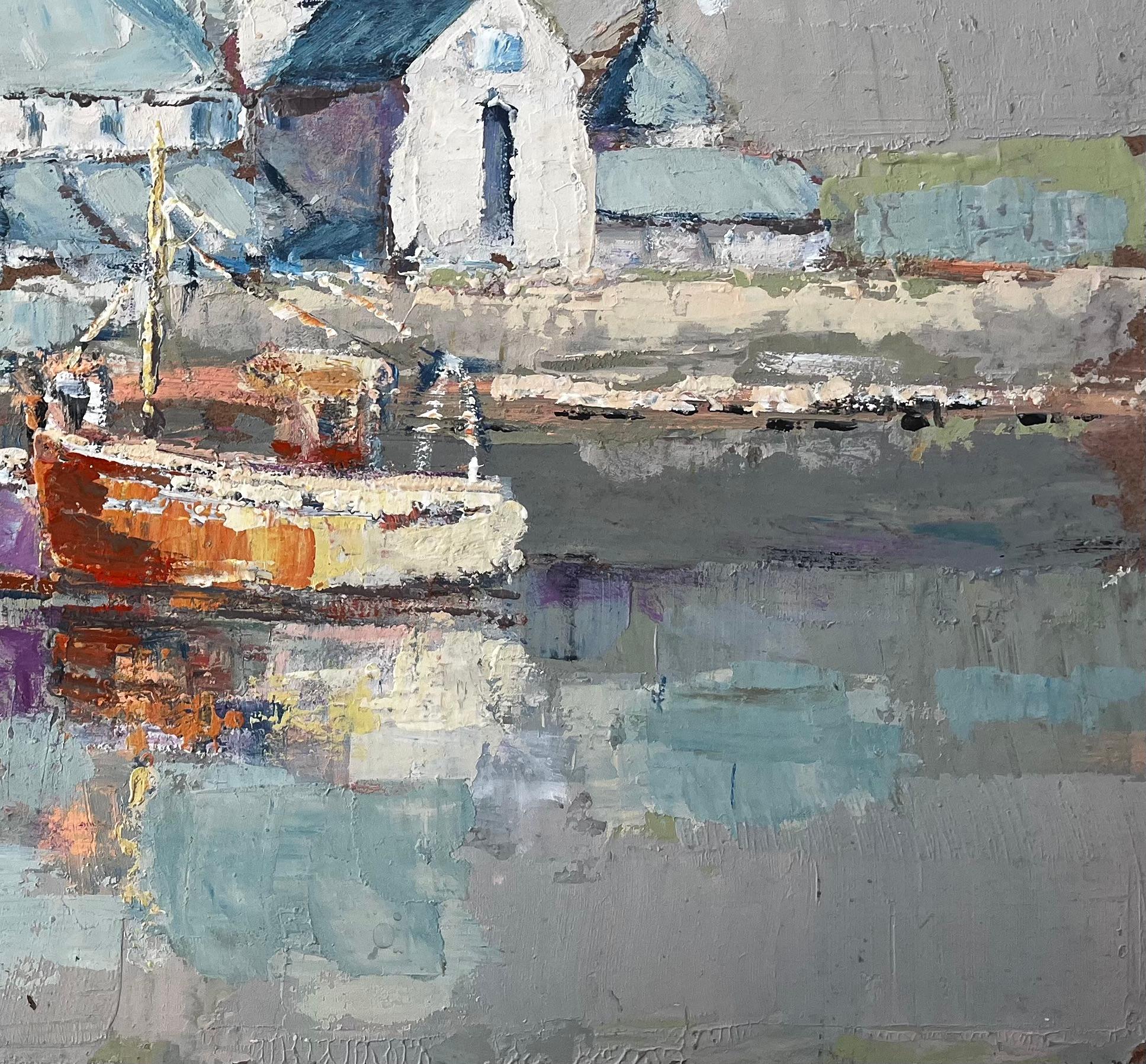 French Fishing Boats Harbour Scene With Church and Reflections Oil Painting For Sale 2