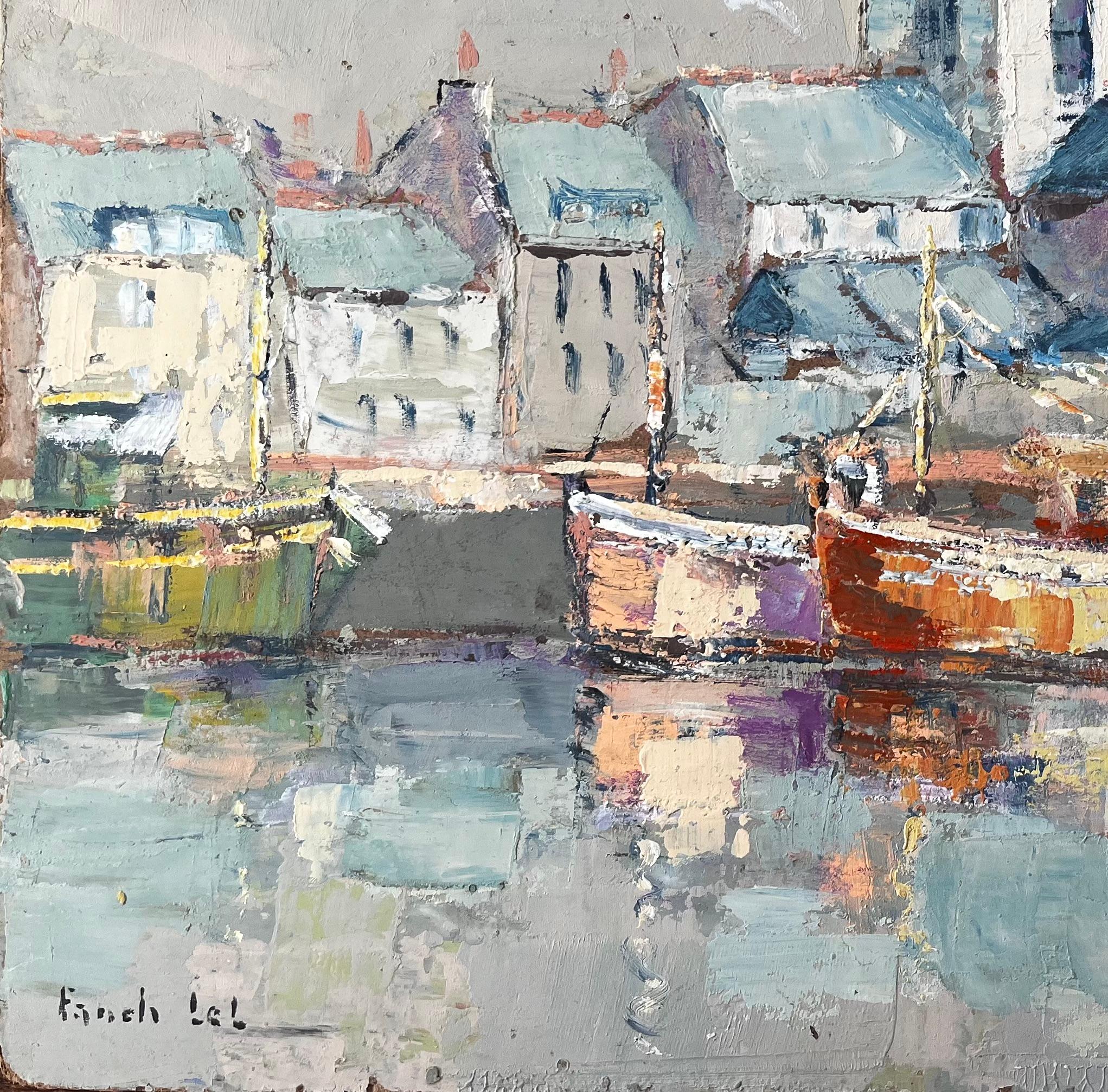 French Fishing Boats Harbour Scene With Church and Reflections Oil Painting For Sale 3