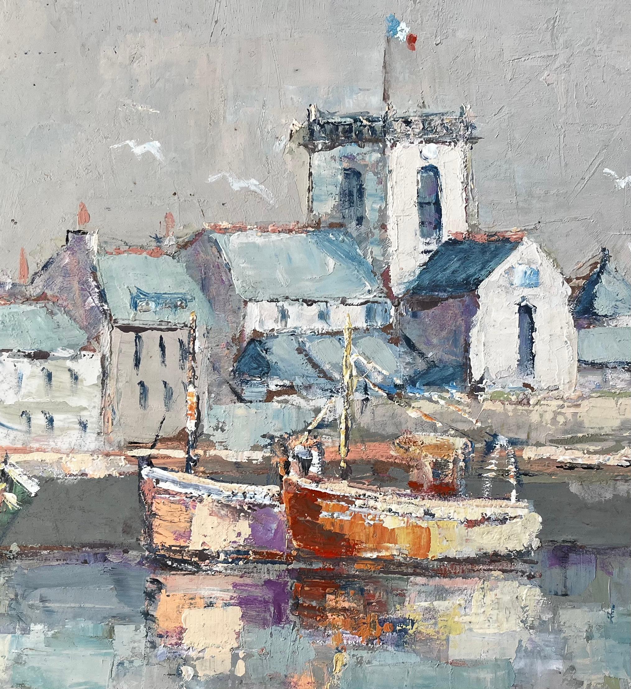 French Fishing Boats Harbour Scene With Church and Reflections Oil Painting For Sale 4