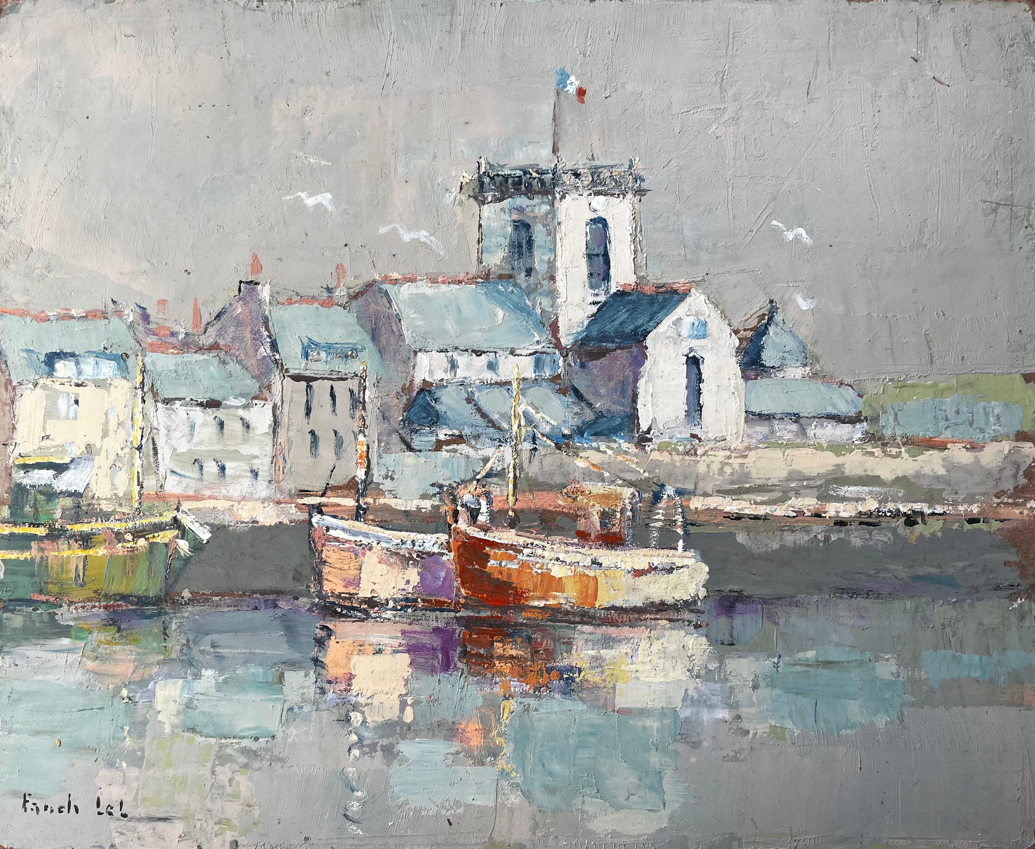 Fanch Lel Landscape Painting - French Fishing Boats Harbour Scene With Church and Reflections Oil Painting