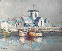 French Fishing Boats Harbour Scene With Church and Reflections Oil Painting
