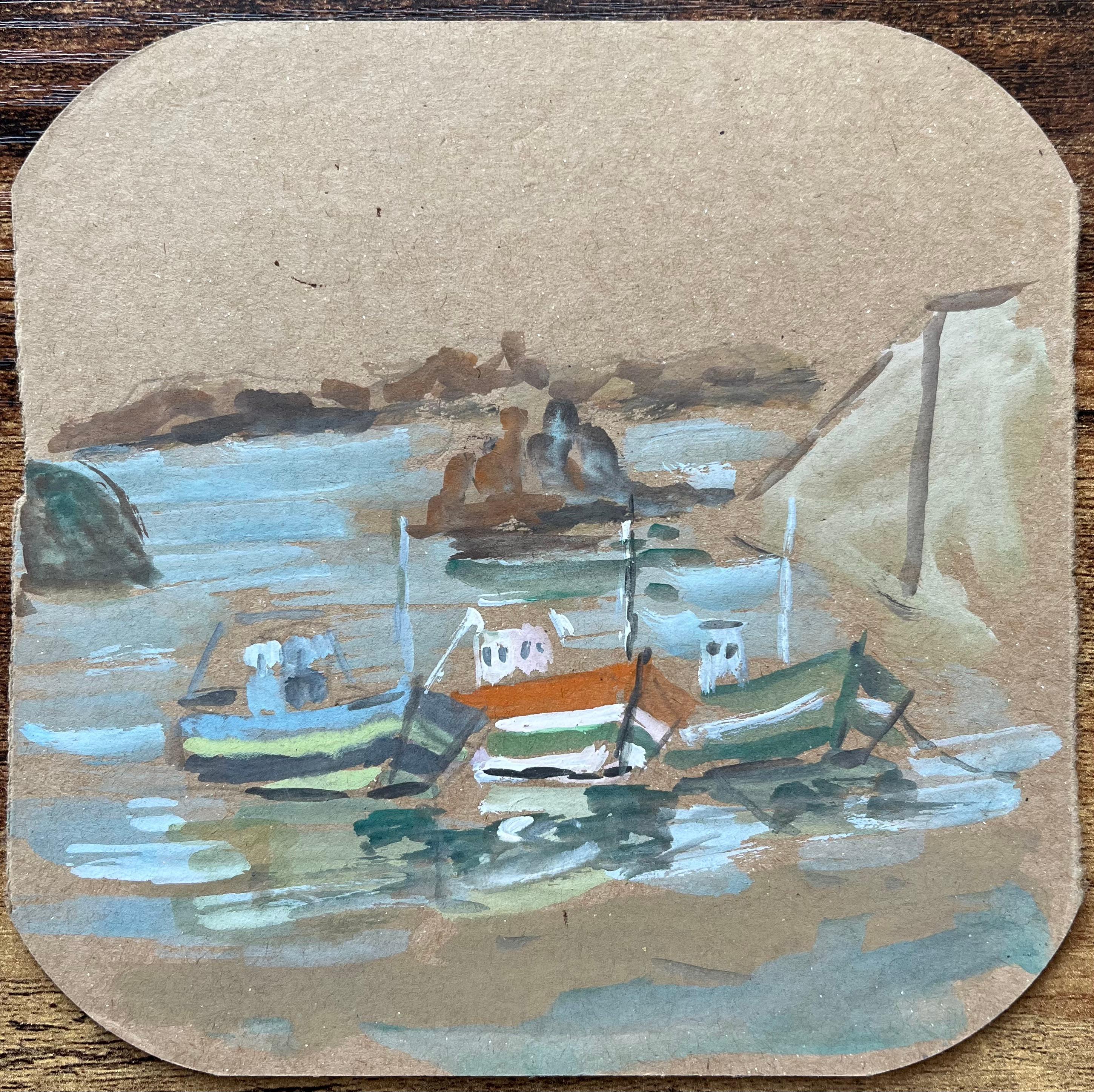 French Fishing Boats in Harbour with Rocky Coastline Gouache Painting - Gray Landscape Painting by Fanch Lel
