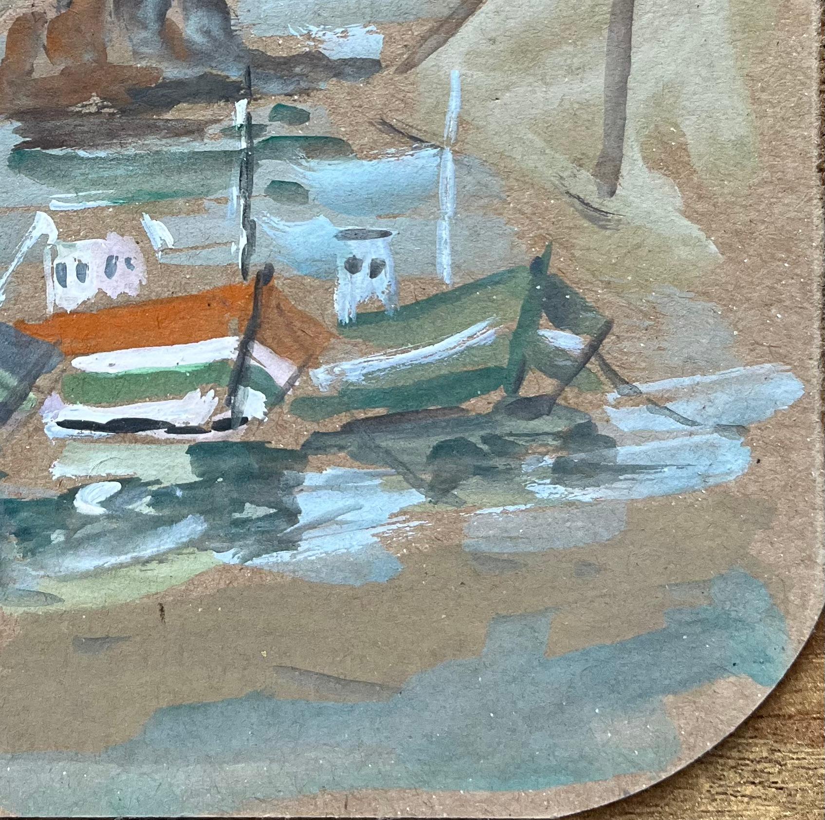 Title: French Fishing Boats in Harbour with Rocky Coastline Gouache Painting
by Fanch Lel (French b. 1930)
Size: 5.75 inches (height) x 6 inches (width)
Gouache painting on card, unframed
Condition: The painting is in good condition, with minor