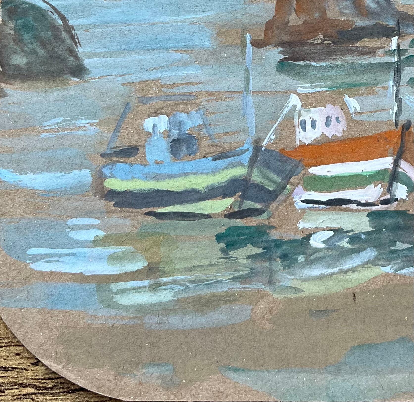 French Fishing Boats in Harbour with Rocky Coastline Gouache Painting For Sale 1