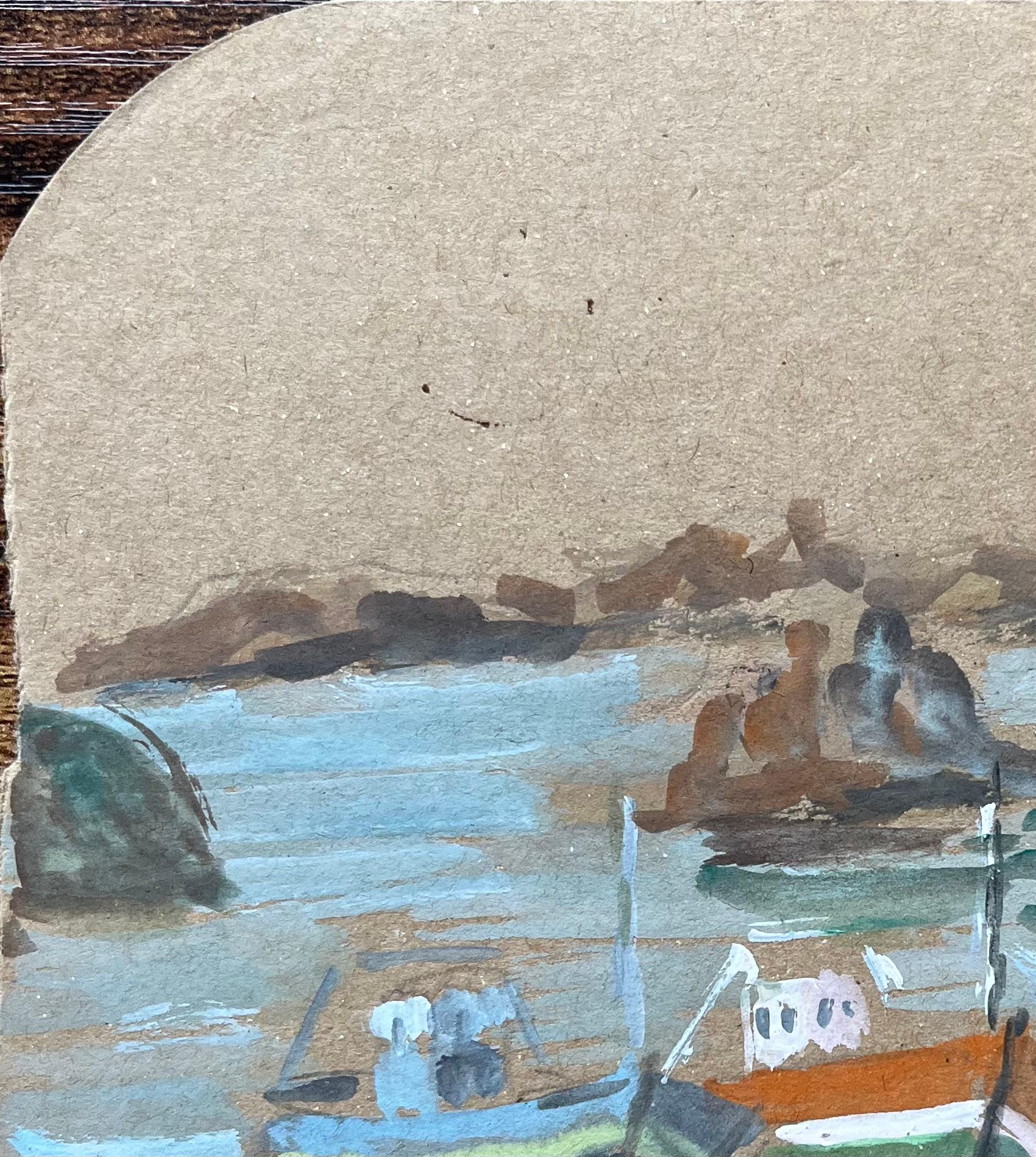 French Fishing Boats in Harbour with Rocky Coastline Gouache Painting For Sale 2