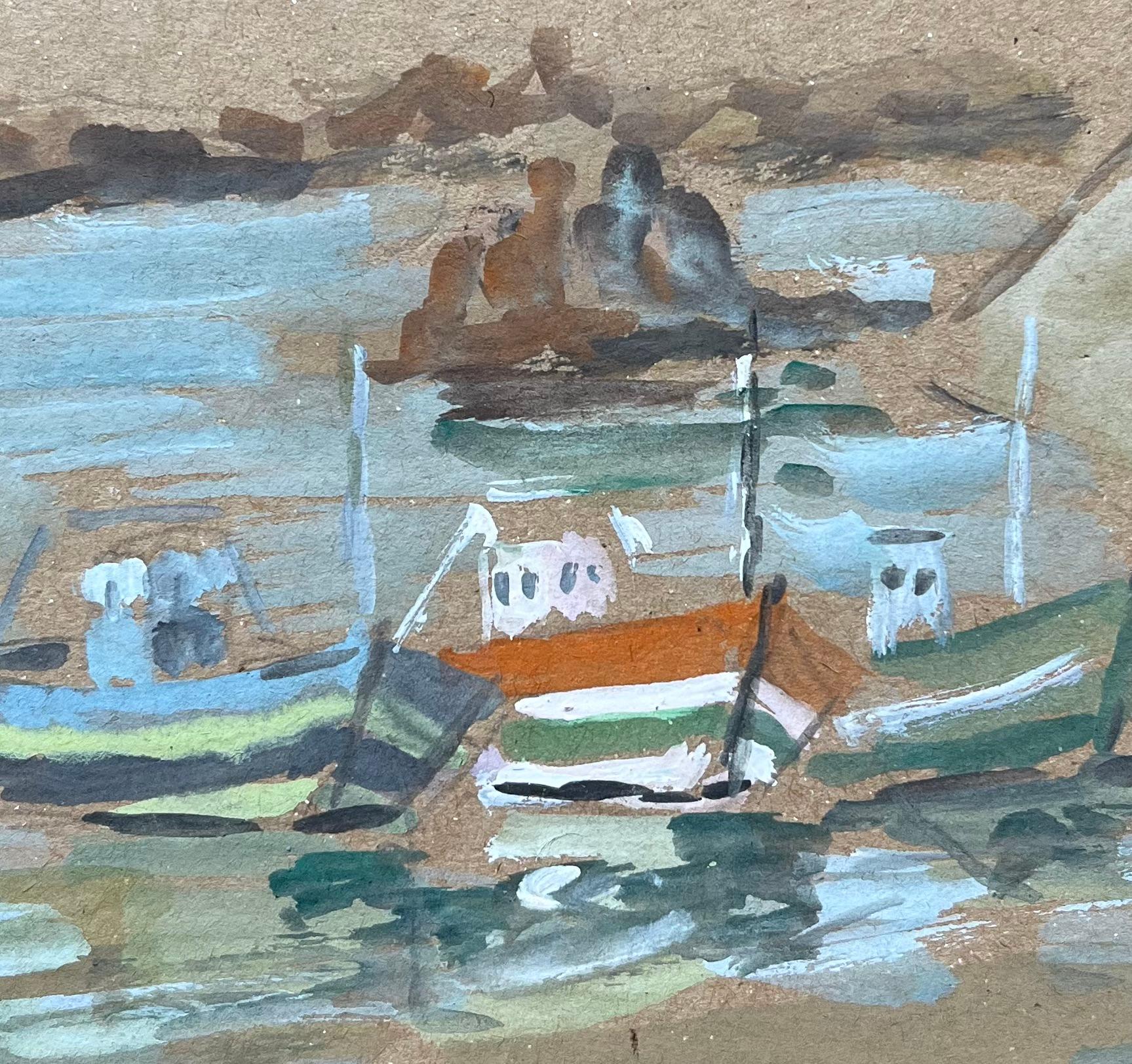 French Fishing Boats in Harbour with Rocky Coastline Gouache Painting For Sale 4