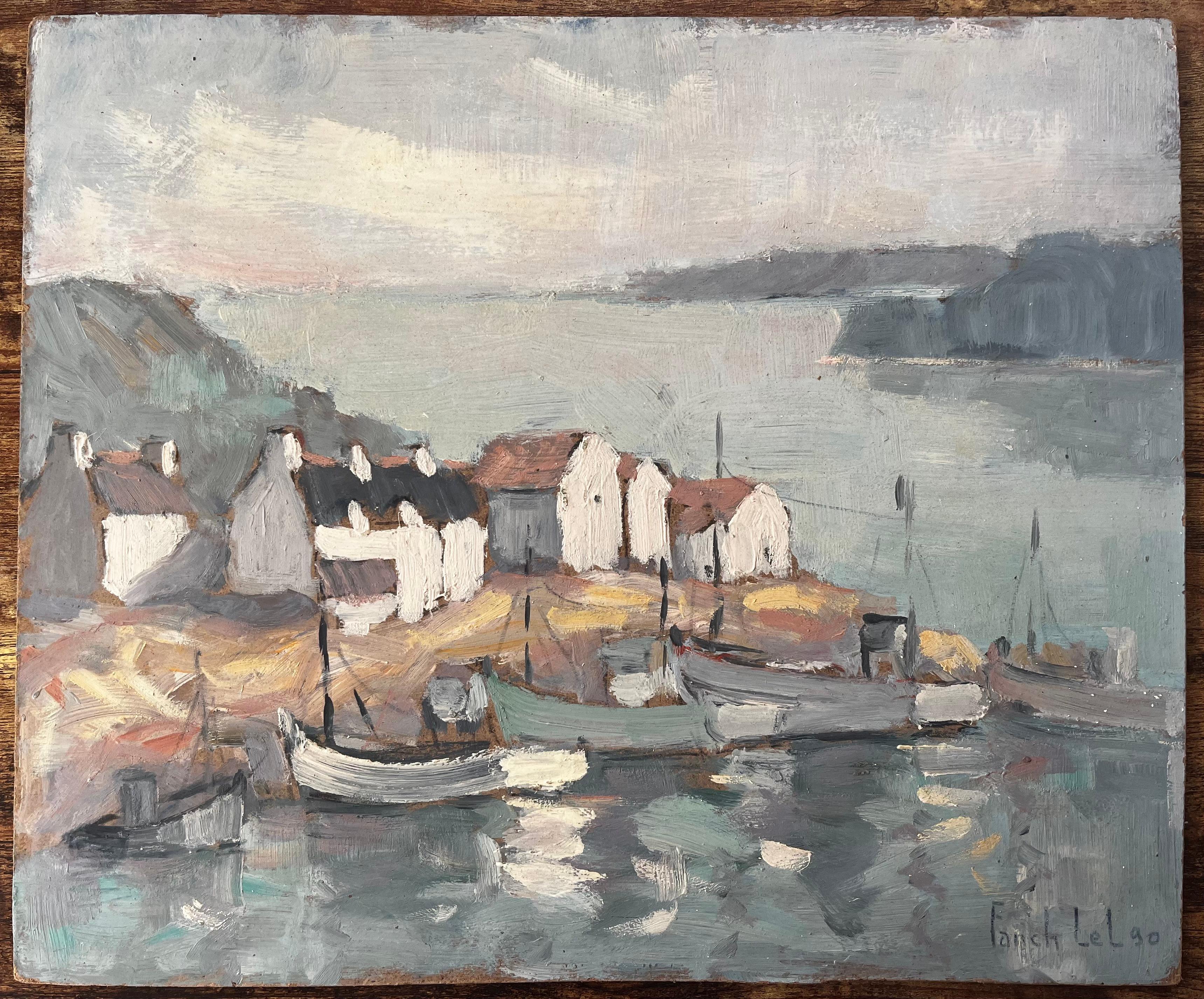 Villaggio di pescatori francese a Camaret in Bretagna con barche e capanne costiere - Painting di Fanch Lel