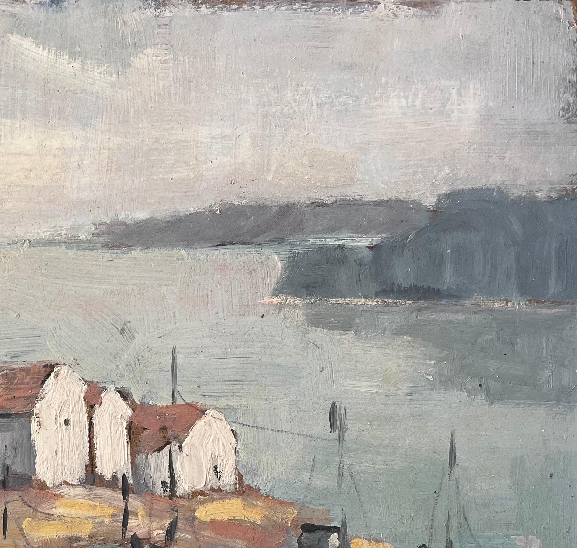 Villaggio di pescatori francese a Camaret in Bretagna con barche e capanne costiere - Landscape Painting Grigio di Fanch Lel