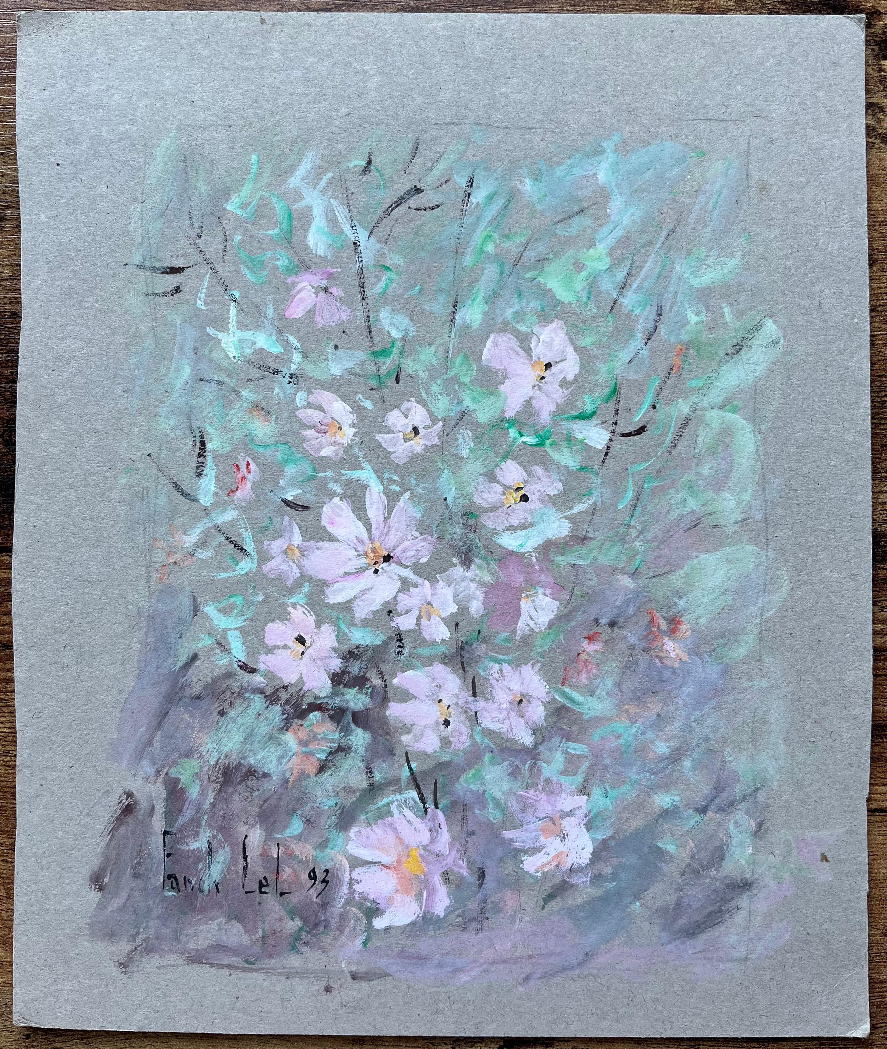 Pintura floral francesa al gouache de flores de cosmos de jardín de color rosa suave - Painting de Fanch Lel