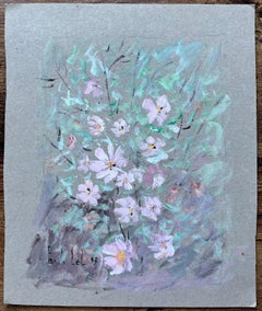 French Floral Gouache Painting of Soft Pink Garden Cosmos Flowers