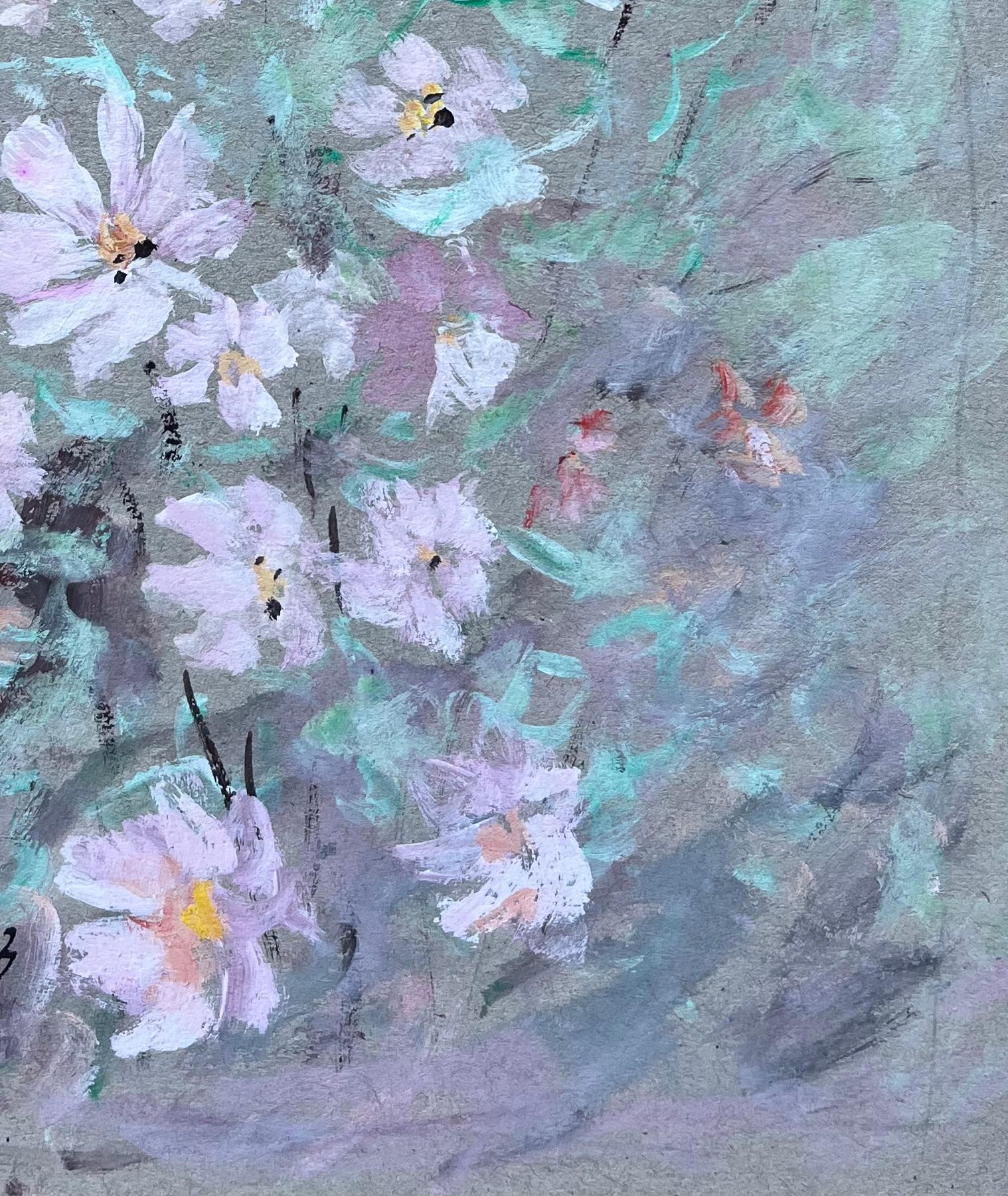 Pintura floral francesa al gouache de flores de cosmos de jardín de color rosa suave - Painting Impresionista de Fanch Lel