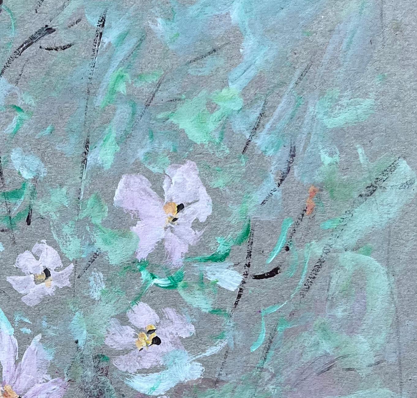 Pintura floral francesa al gouache de flores de cosmos de jardín de color rosa suave - Figurative Painting Azul de Fanch Lel