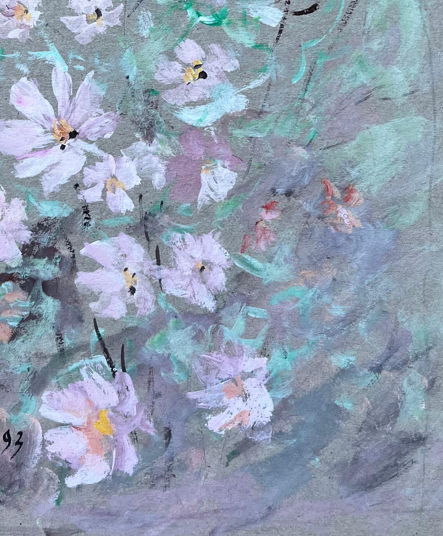 Pintura floral francesa al gouache de flores de cosmos de jardín de color rosa suave en venta 1