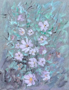 French Floral Gouache Painting of Soft Pink Garden Cosmos Flowers