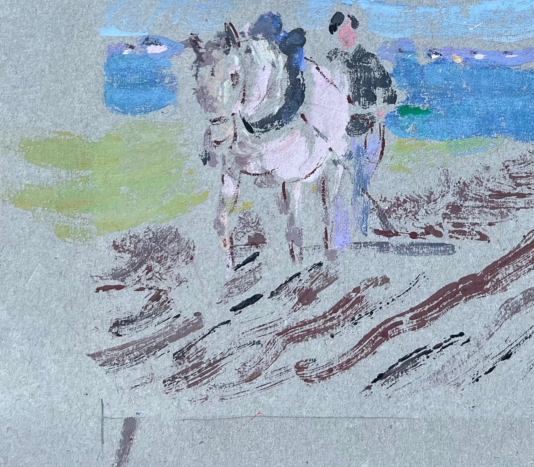 Scena costiera francese a guazzo di cavallo e cavaliere con gabbiani - Painting di Fanch Lel