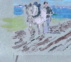 Scena costiera francese a guazzo di cavallo e cavaliere con gabbiani