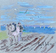 French Gouache Coastal Scene of Horse and Rider with Seagulls