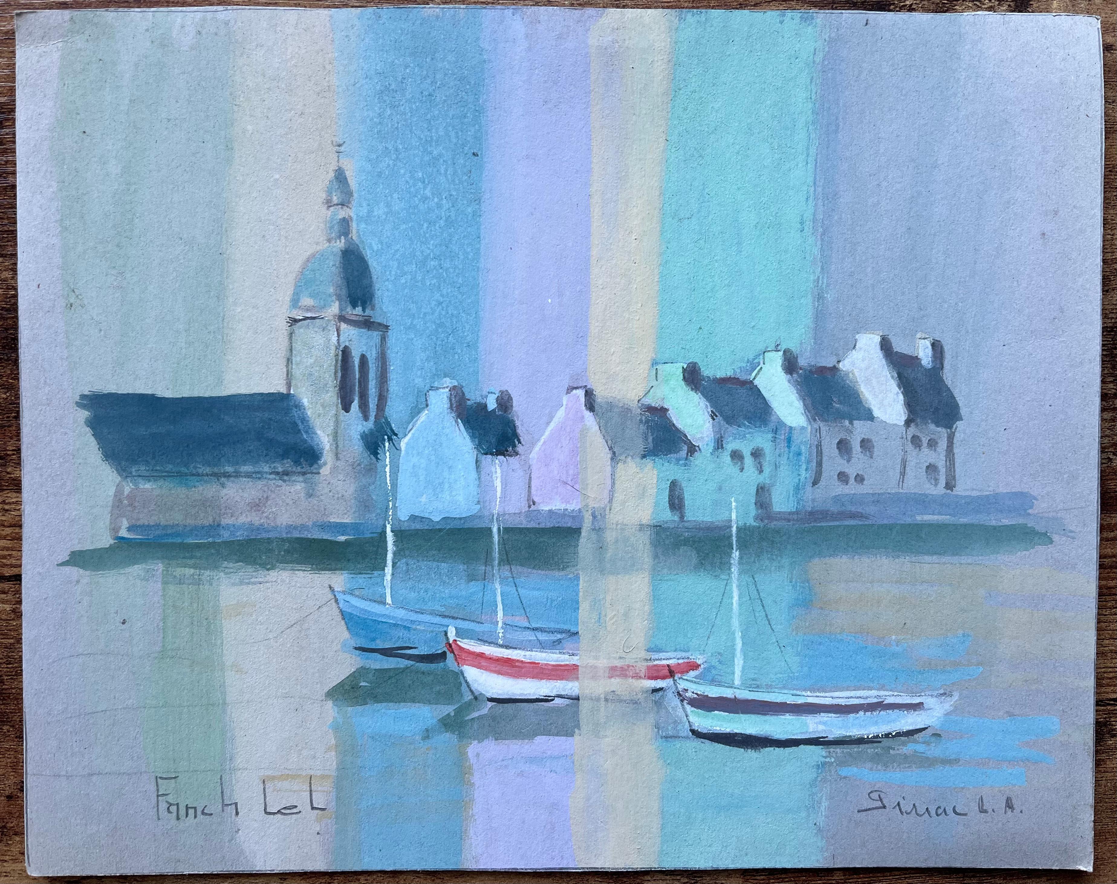Paisaje urbano costero francés al gouache con barcos e iglesia de Fanch Lel en venta 1