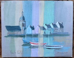 Paesaggio costiero francese a guazzo con barche e chiesa di Fanch Lel