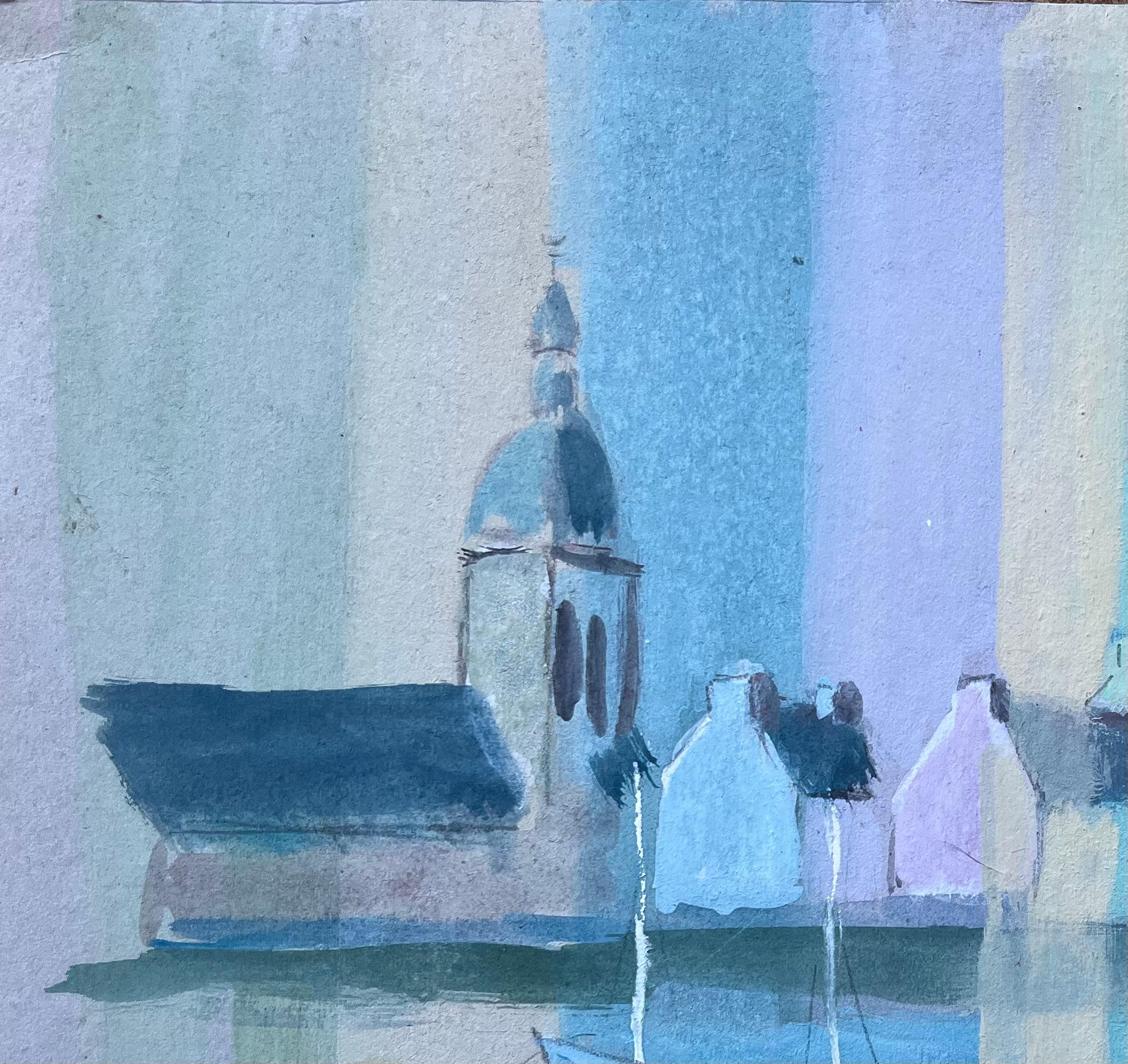 Paisaje urbano costero francés al gouache con barcos e iglesia de Fanch Lel en venta 2