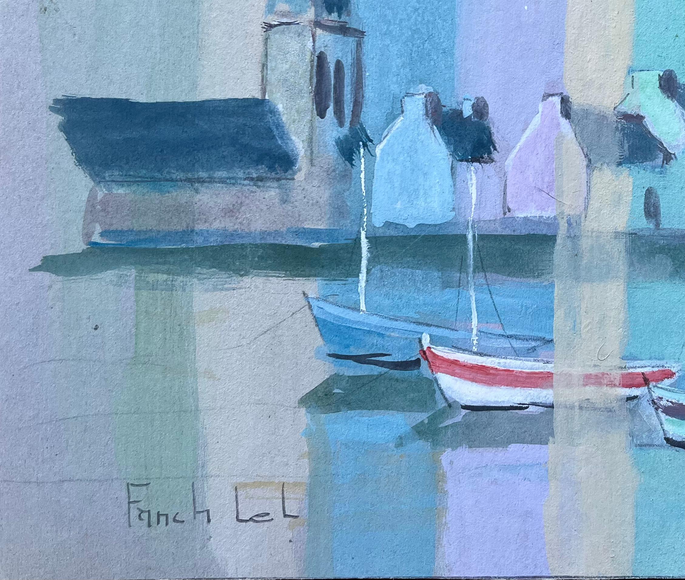 Paisaje urbano costero francés al gouache con barcos e iglesia de Fanch Lel en venta 3