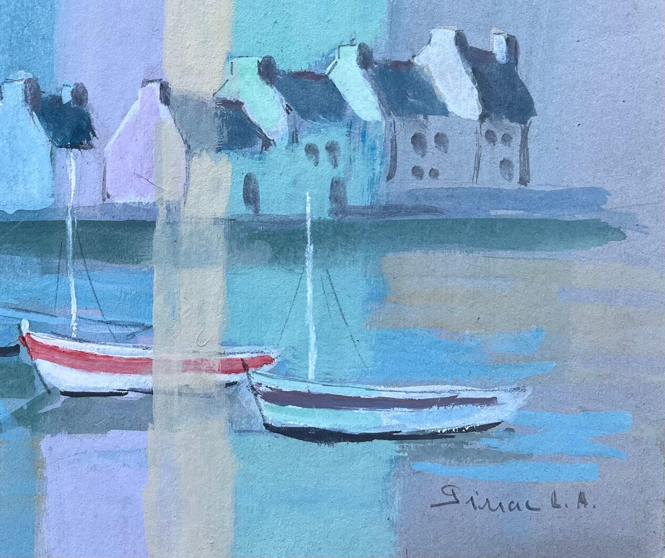 Paisaje urbano costero francés al gouache con barcos e iglesia de Fanch Lel en venta 4