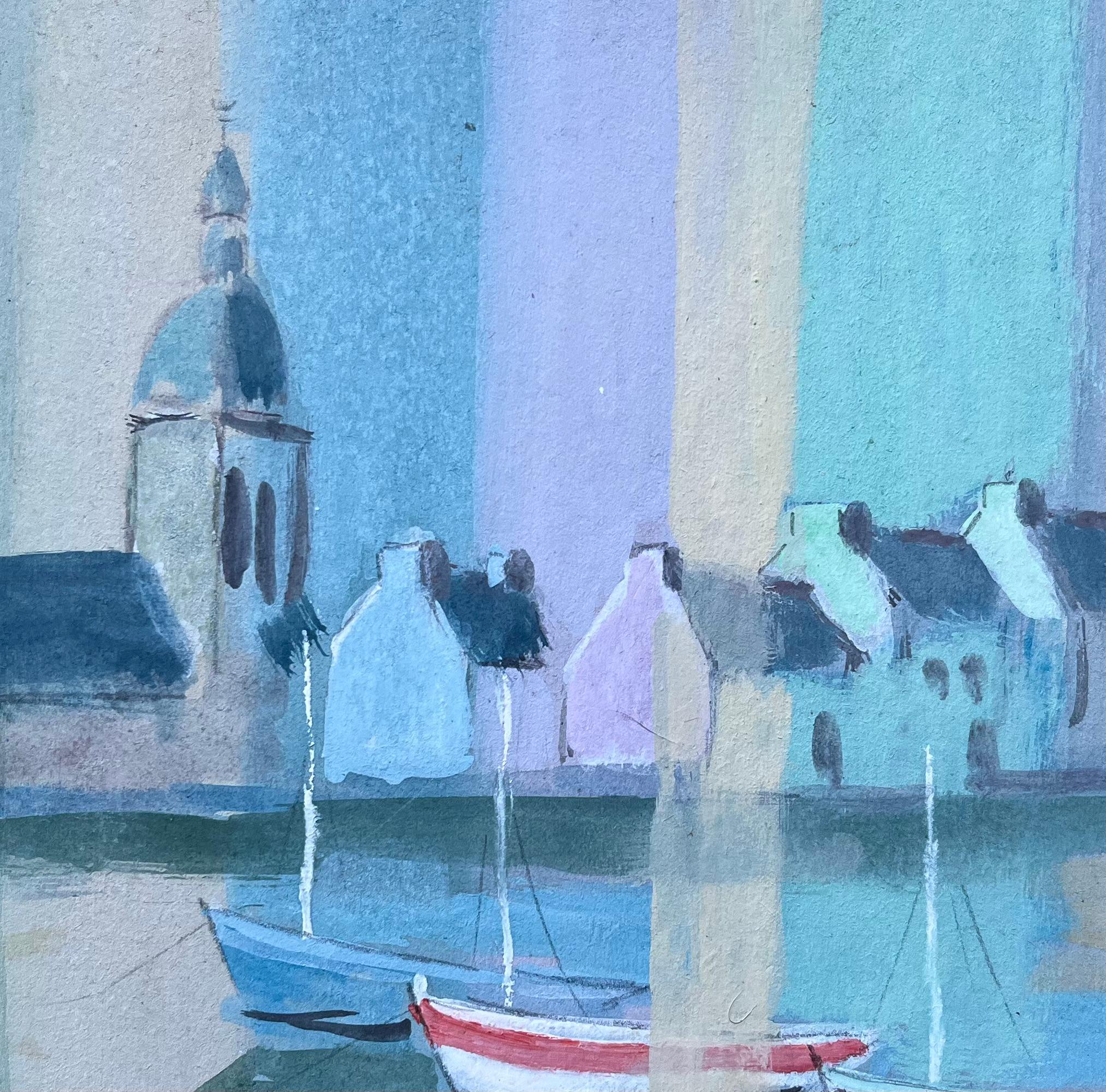 Paisaje urbano costero francés al gouache con barcos e iglesia de Fanch Lel en venta 6