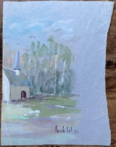 Gouache francese di una cappella di campagna e di una radura di bosco