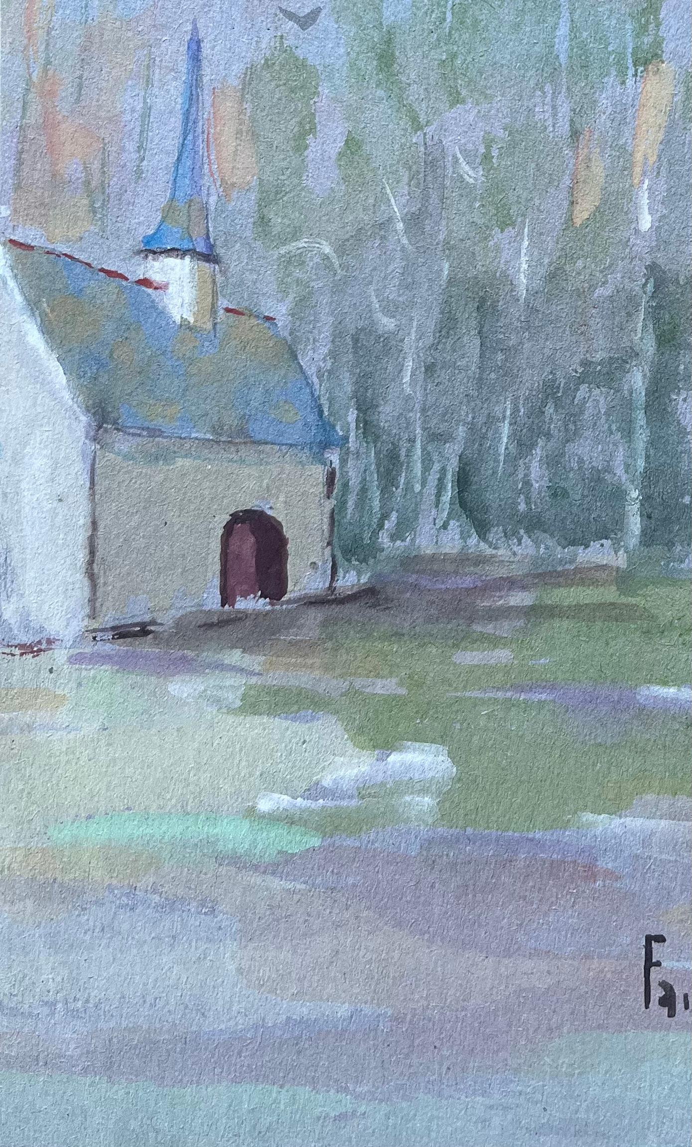 Französische Gouache-Landschaftskapelle und Holzverkleidung in Gouache (Blau), Landscape Painting, von Fanch Lel