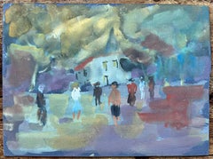 Gouache francese di figure nella piazza del villaggio con cappella bianca