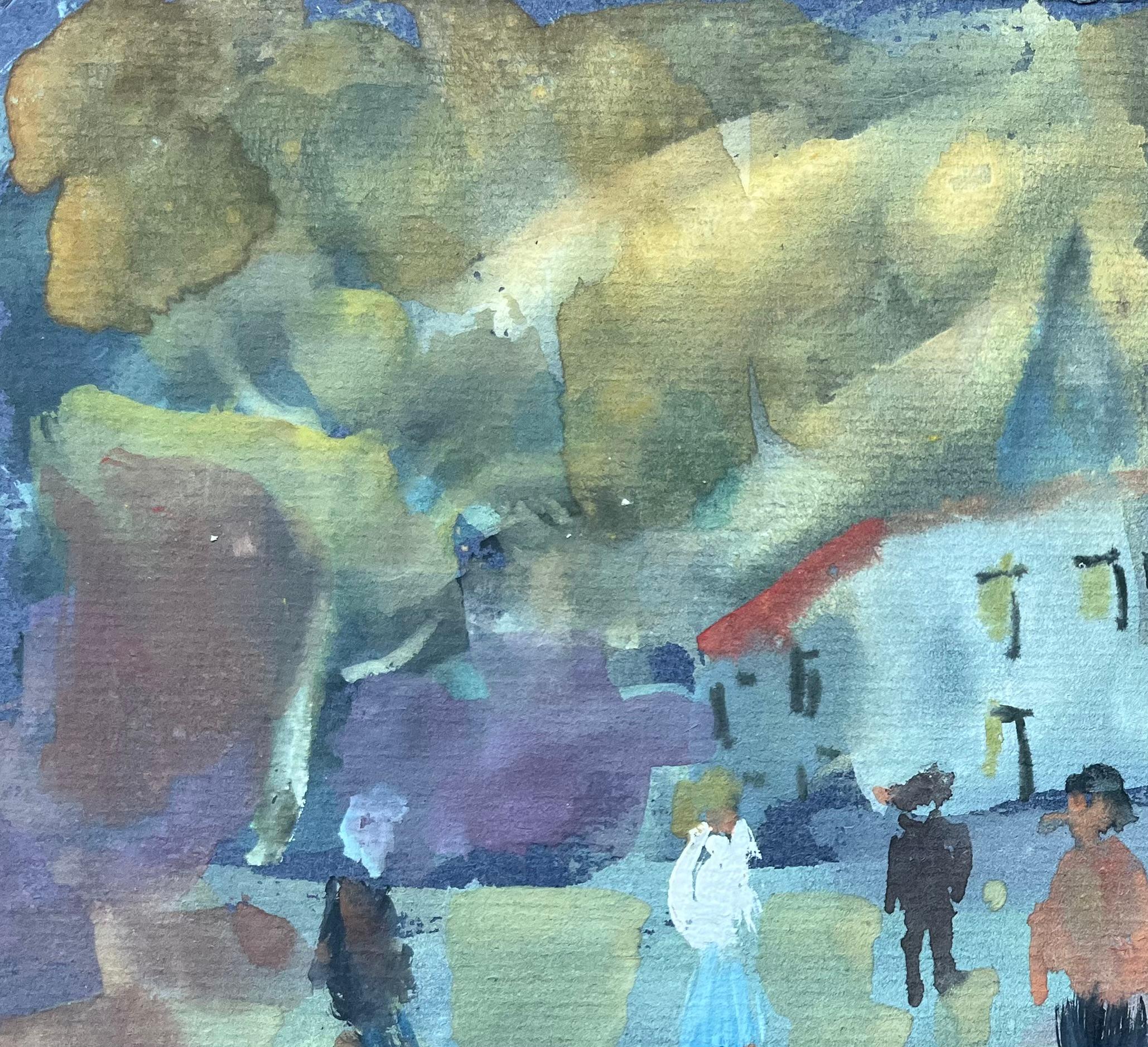 Französische Gouache-Figuren auf Dorfplatz mit weißer Kapelle (Impressionismus), Painting, von Fanch Lel