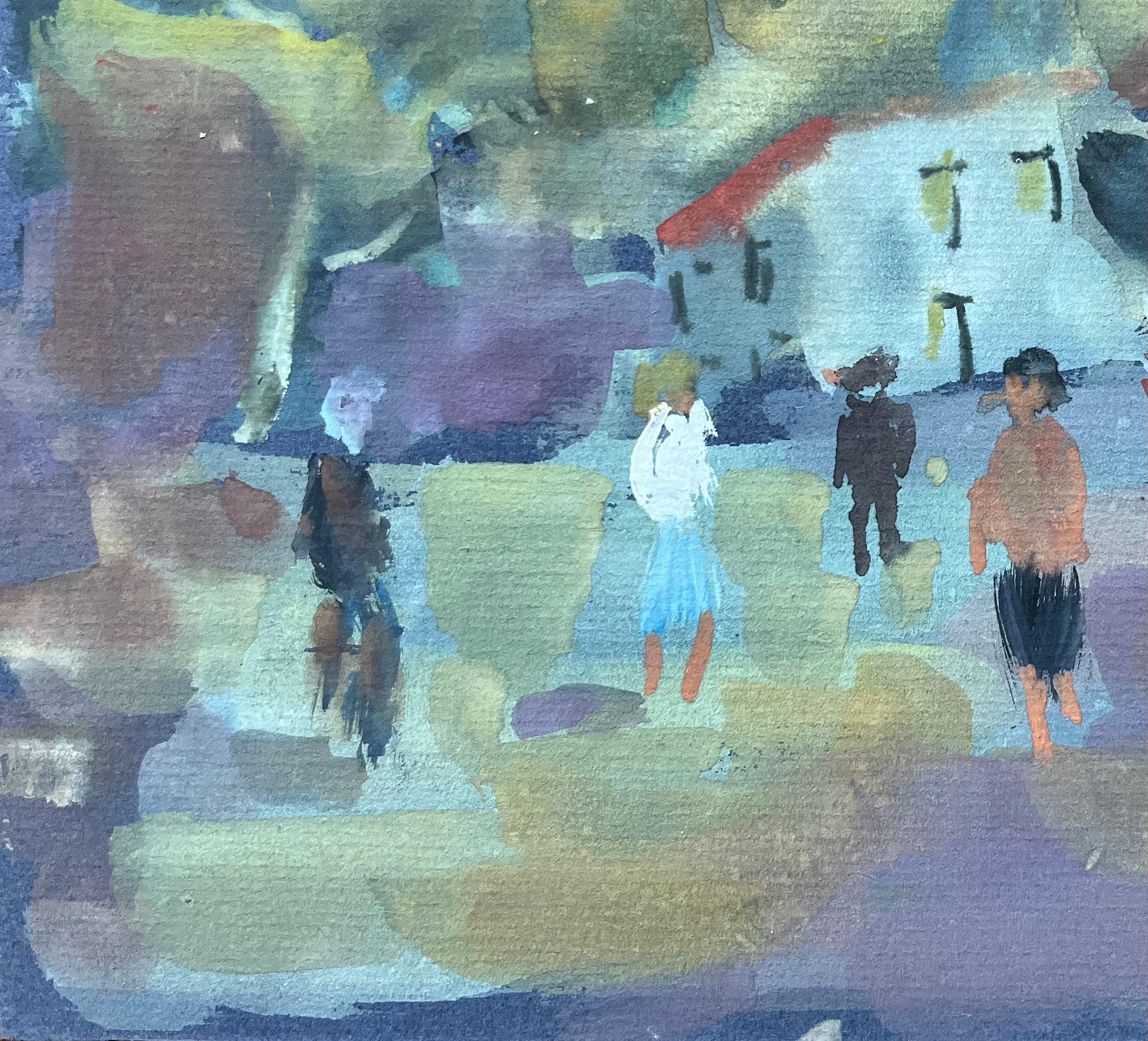 Französische Gouache-Figuren auf Dorfplatz mit weißer Kapelle (Grau), Figurative Painting, von Fanch Lel