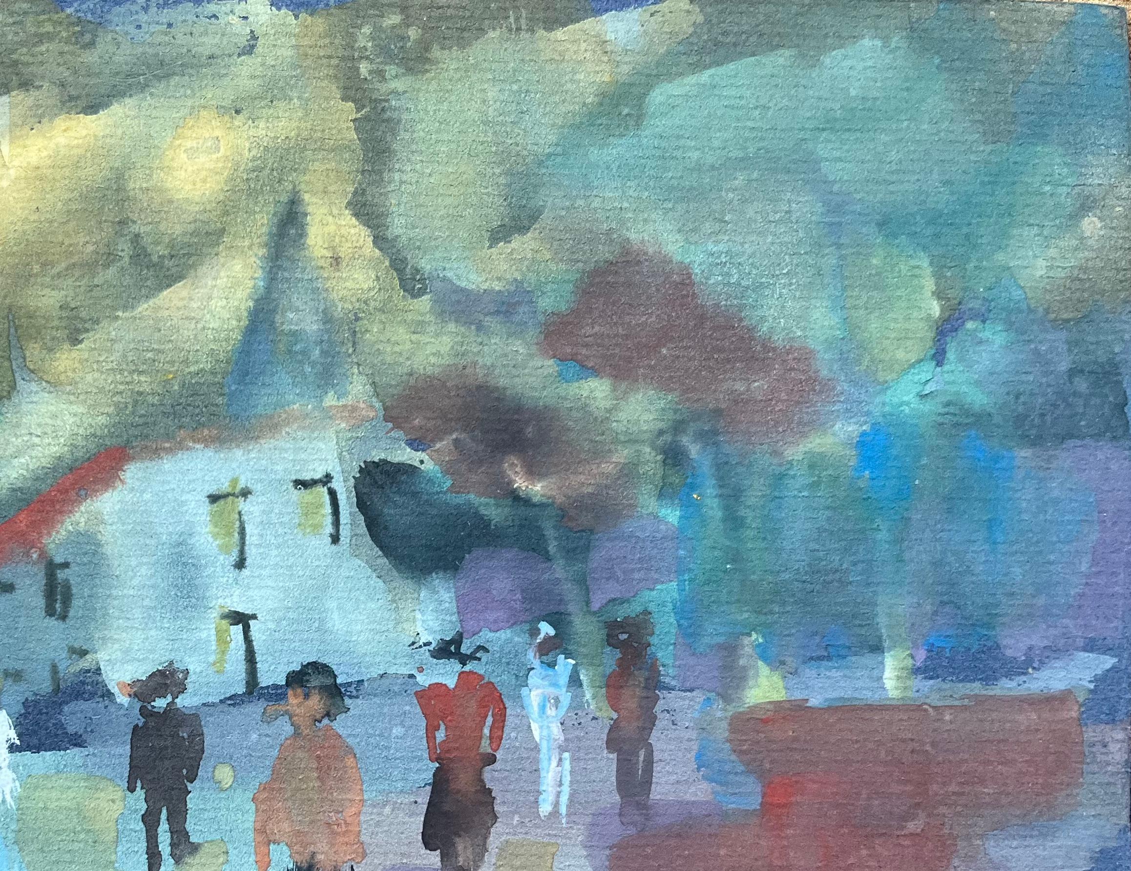 Titel: Französische Gouache von Figuren auf dem Dorfplatz mit weißer Kapelle
von Fanch Lel (Franzose, geb. 1930)
Größe: 6,5 Zoll (Höhe) x 9 Zoll (Breite)
Gouache-Gemälde auf Karton, ungerahmt
Zustand: Das Gemälde ist in gutem Zustand, mit einigen