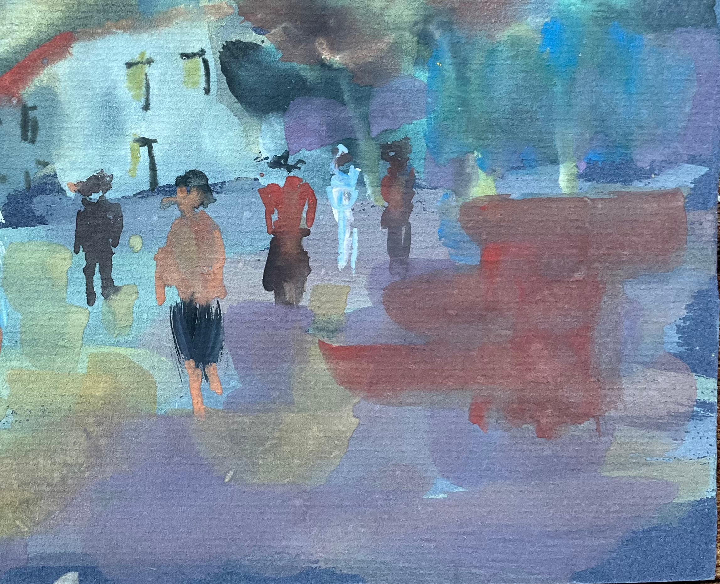 Französische Gouache-Figuren auf Dorfplatz mit weißer Kapelle im Angebot 1