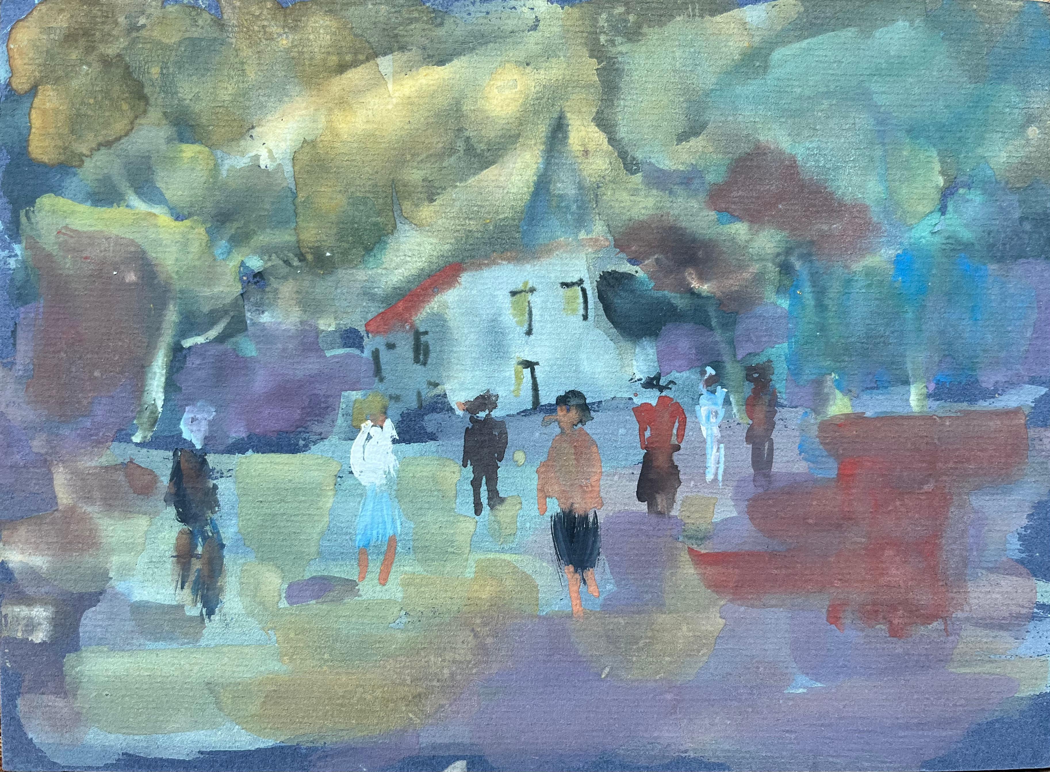 French Gouache of Figures in Village Square with White Chapel