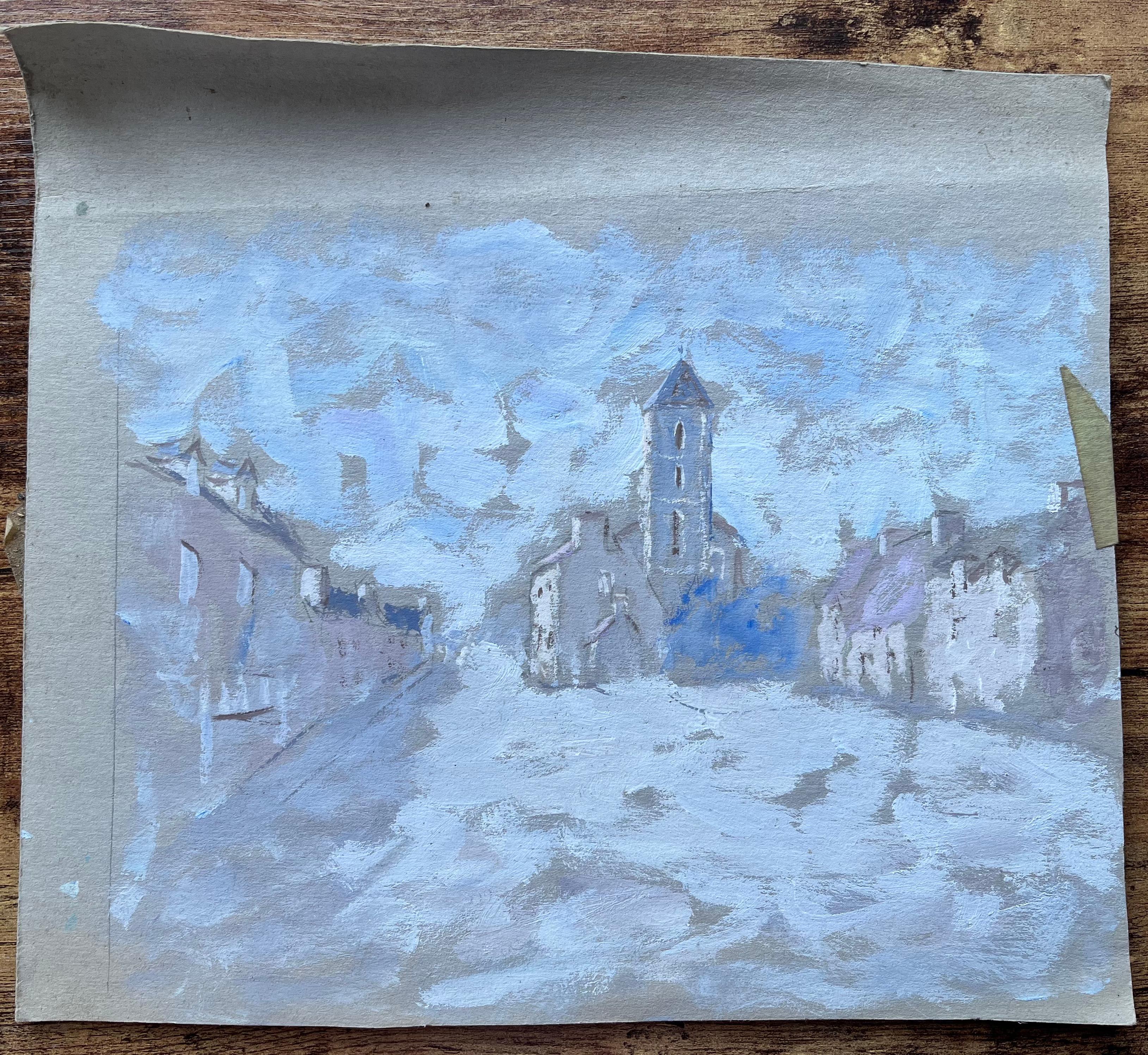 Title: French Gouache Painting of Village Street and Church Tower in Pale Blue
by Fanche Lel
Size: 11.75 inches (height) x 13.25 inches (width)
Oil painting on paper, unframed
Condition: The painting is in good condition, with minor signs of