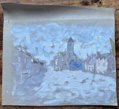 Quadro a guazzo francese con strada del villaggio e torre della chiesa in blu pallido
