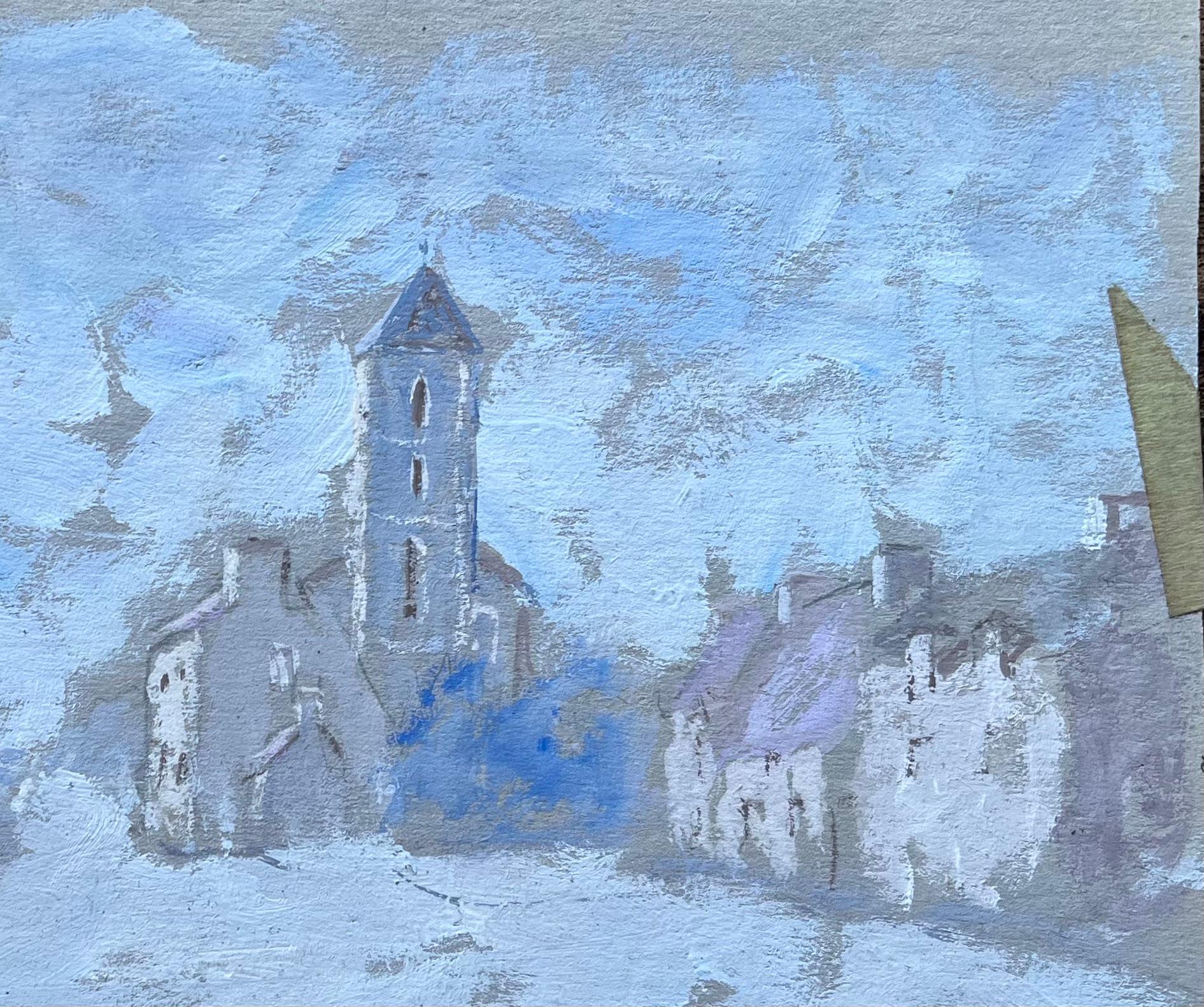 French Gouache Painting of Village Street and Church Tower in Pale Blue For Sale 1