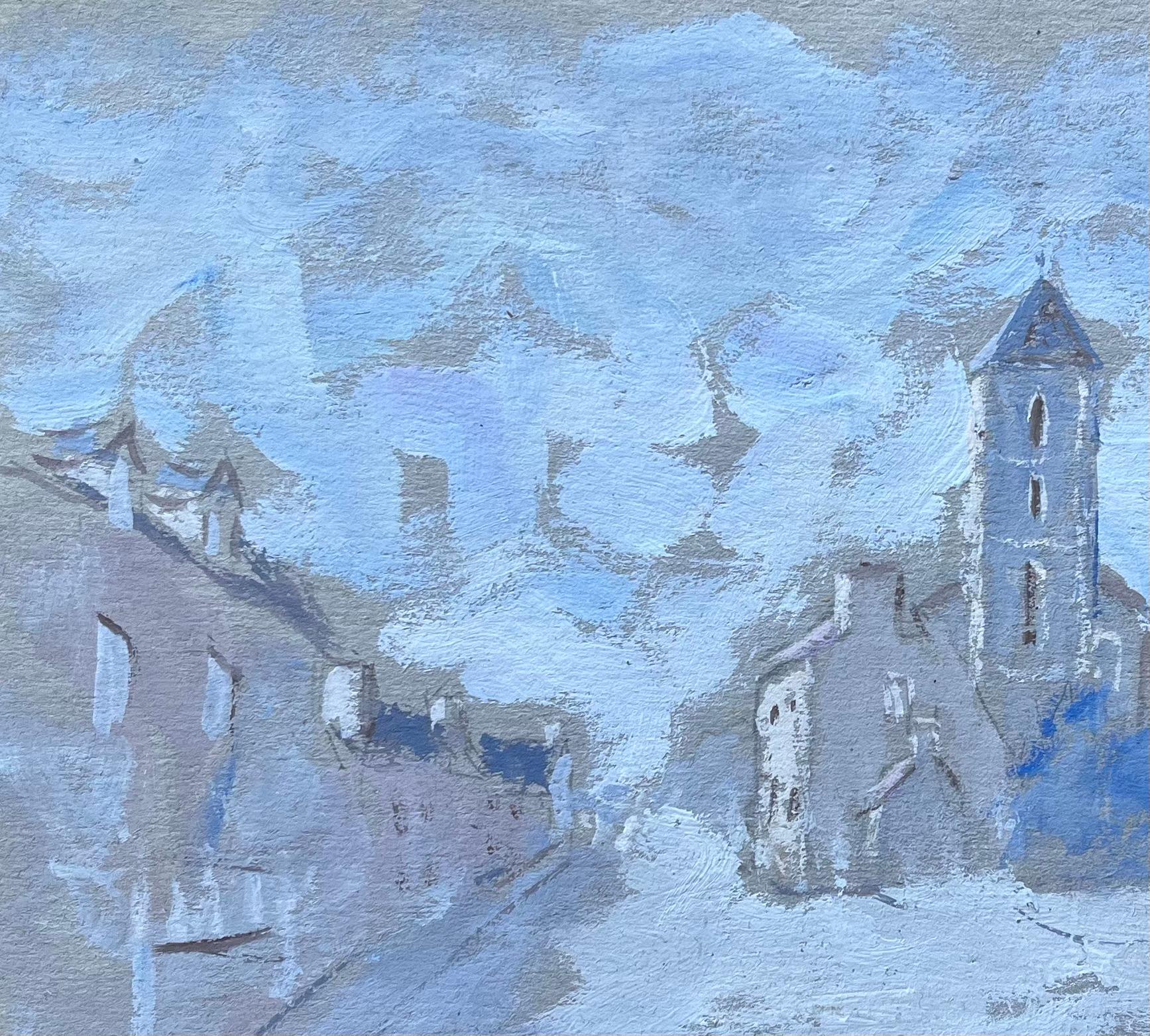 French Gouache Painting of Village Street and Church Tower in Pale Blue For Sale 3