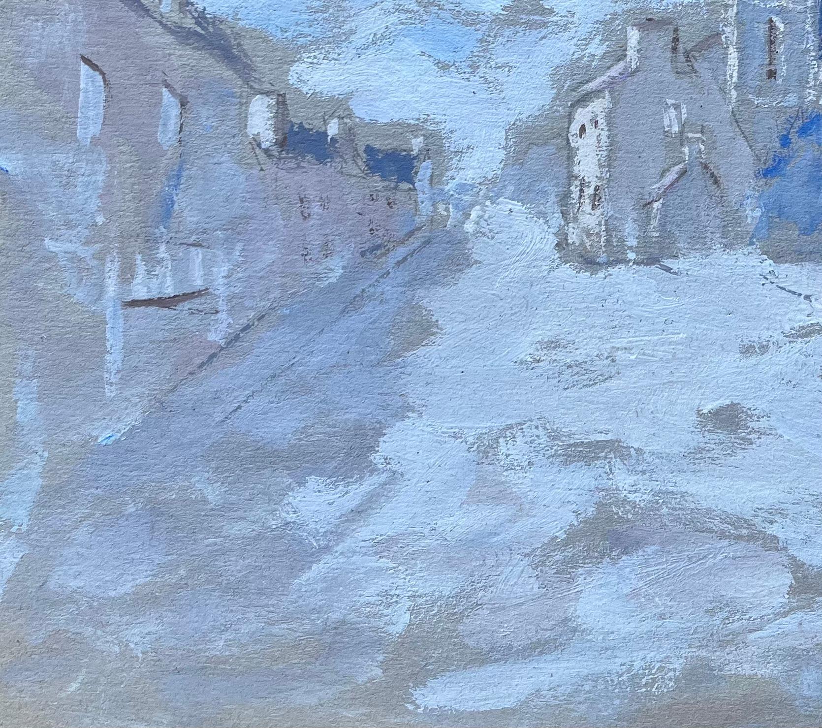French Gouache Painting of Village Street and Church Tower in Pale Blue For Sale 4