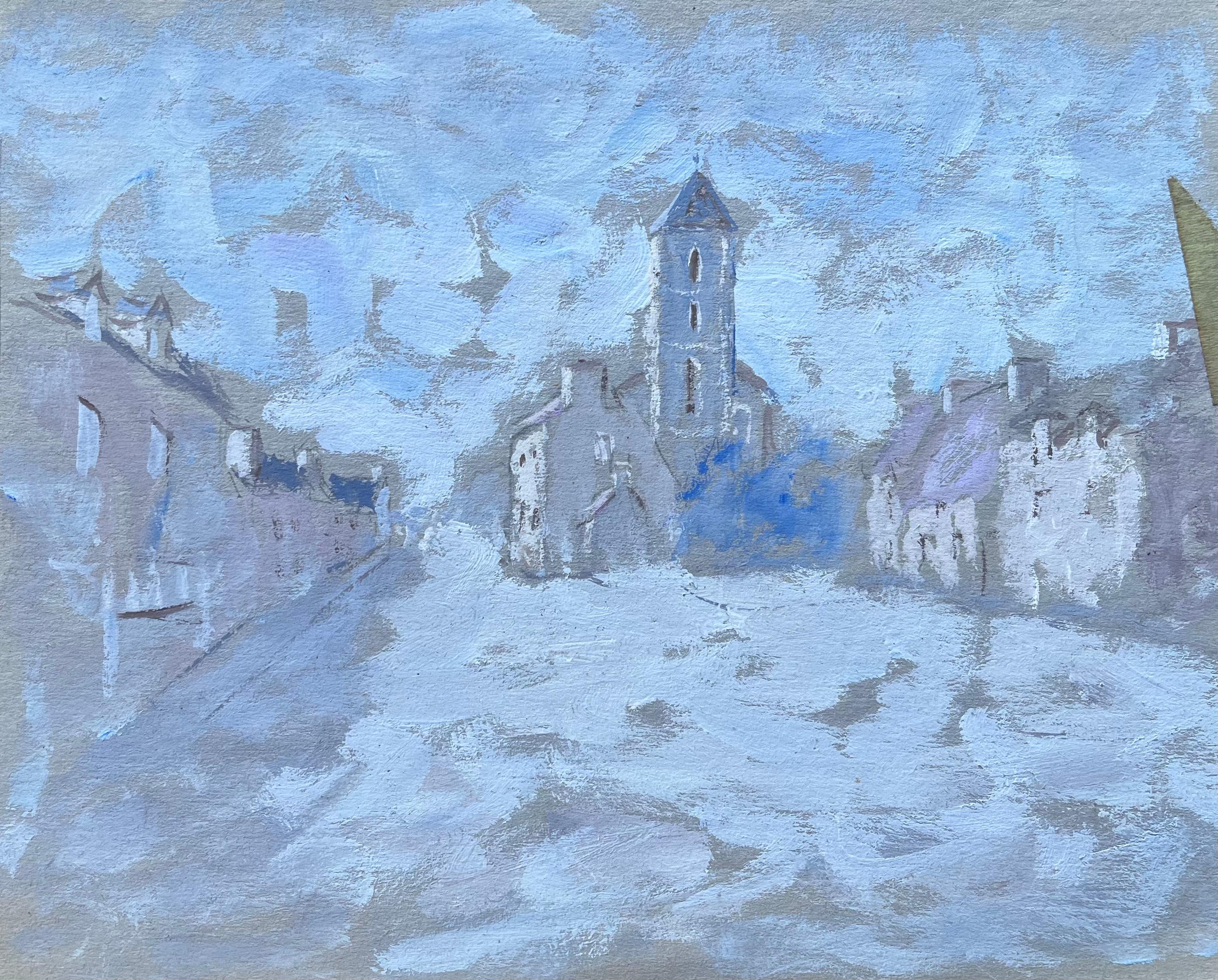 Quadro a guazzo francese con strada del villaggio e torre della chiesa in blu pallido